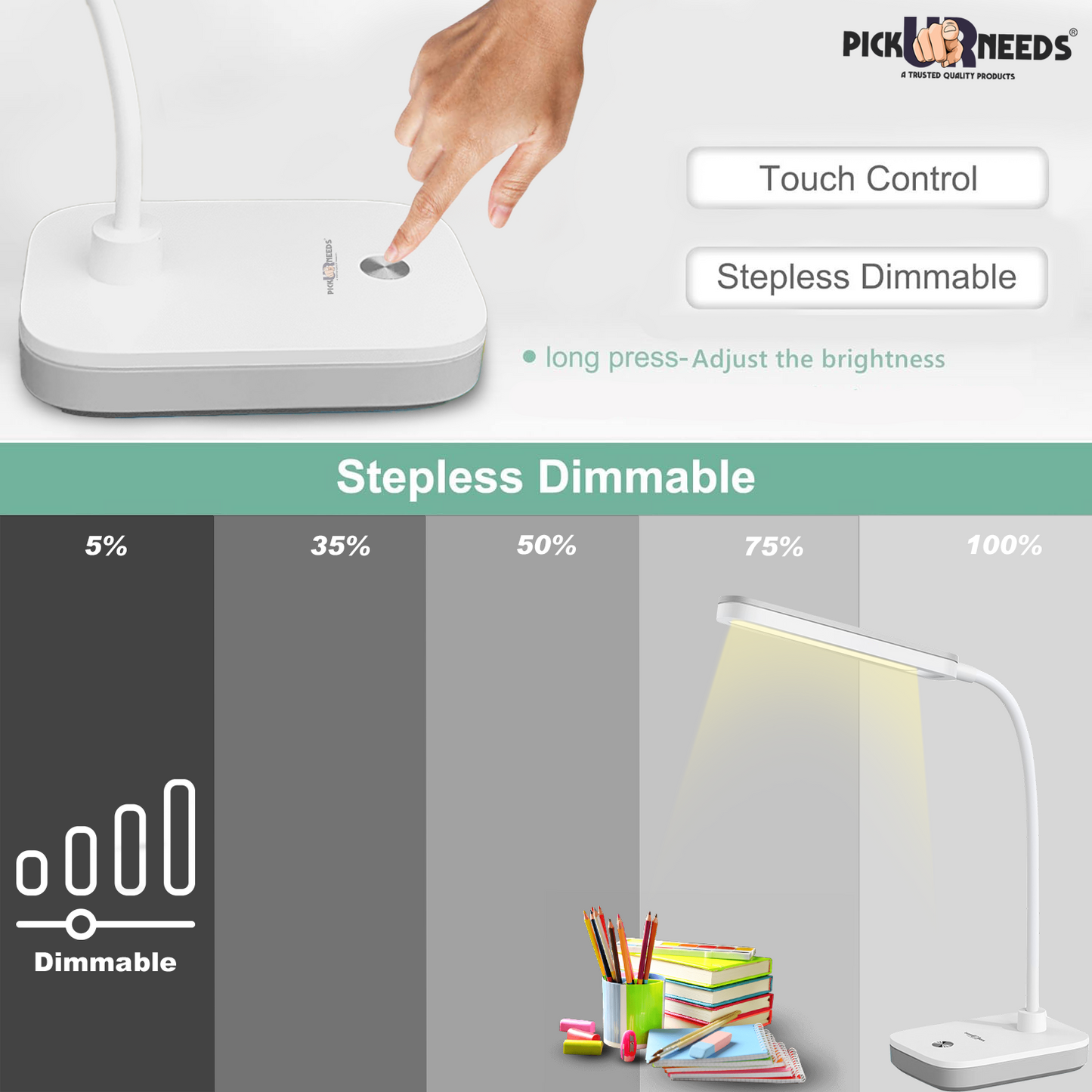Pick Ur Needs Rechargeable Study Table LED Desk Lamp Touch with 3500mAh Lithium Battery Study Lamp (25 cm, Grey)