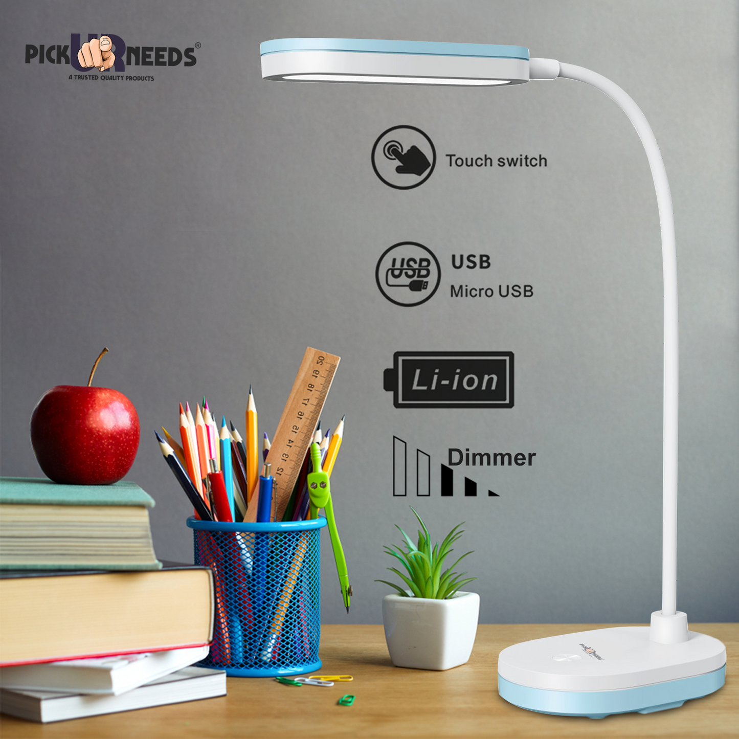 Pick Ur Needs LED Rechargeable Table Study Desk Touch Warm Night Light Dimming Reading Lamp Table Lamp (20 cm, Blue)