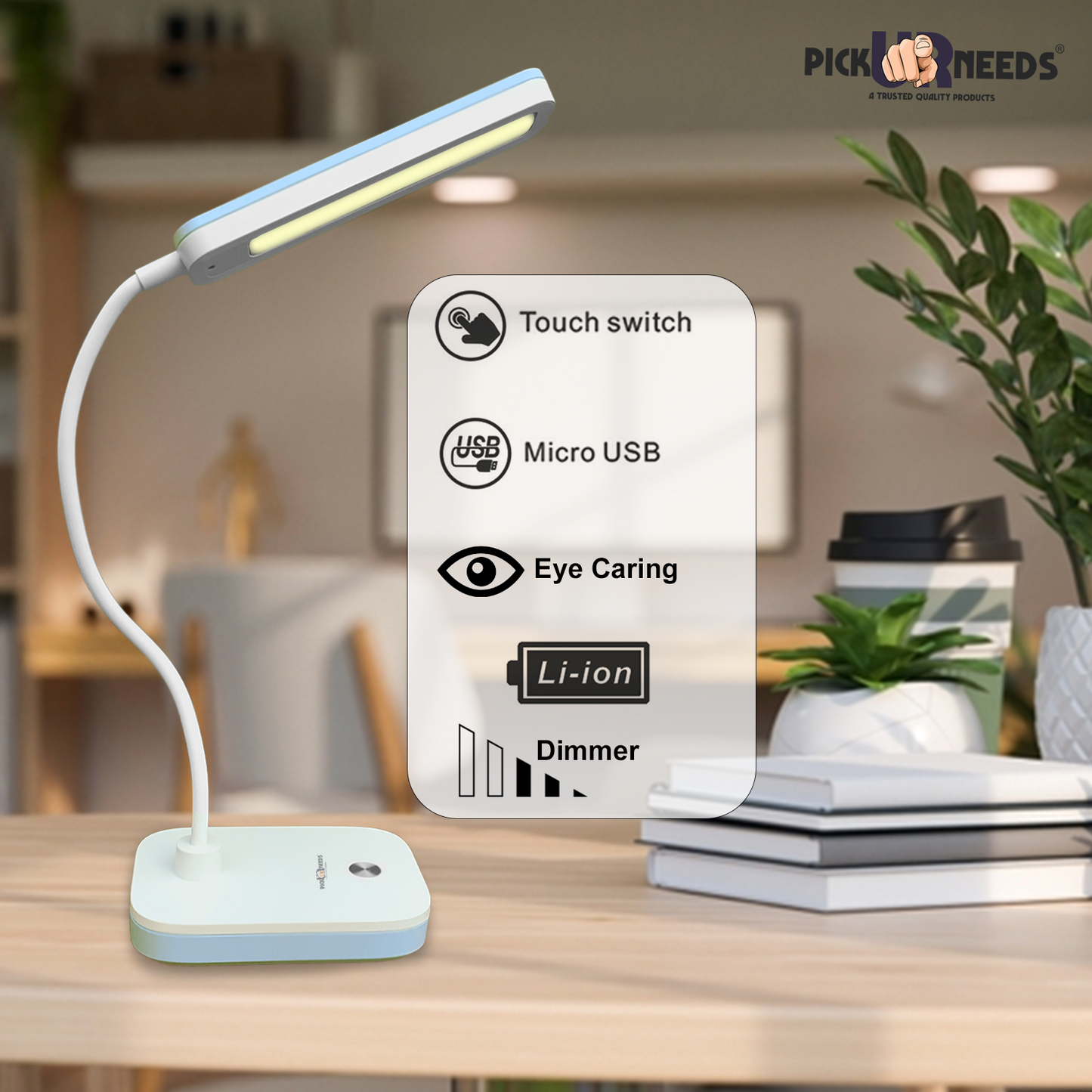 Pick Ur Needs Rechargeable Study Table LED Desk Lamp Touch with 3500mAh Lithium Battery Study Lamp (25 cm, Grey)