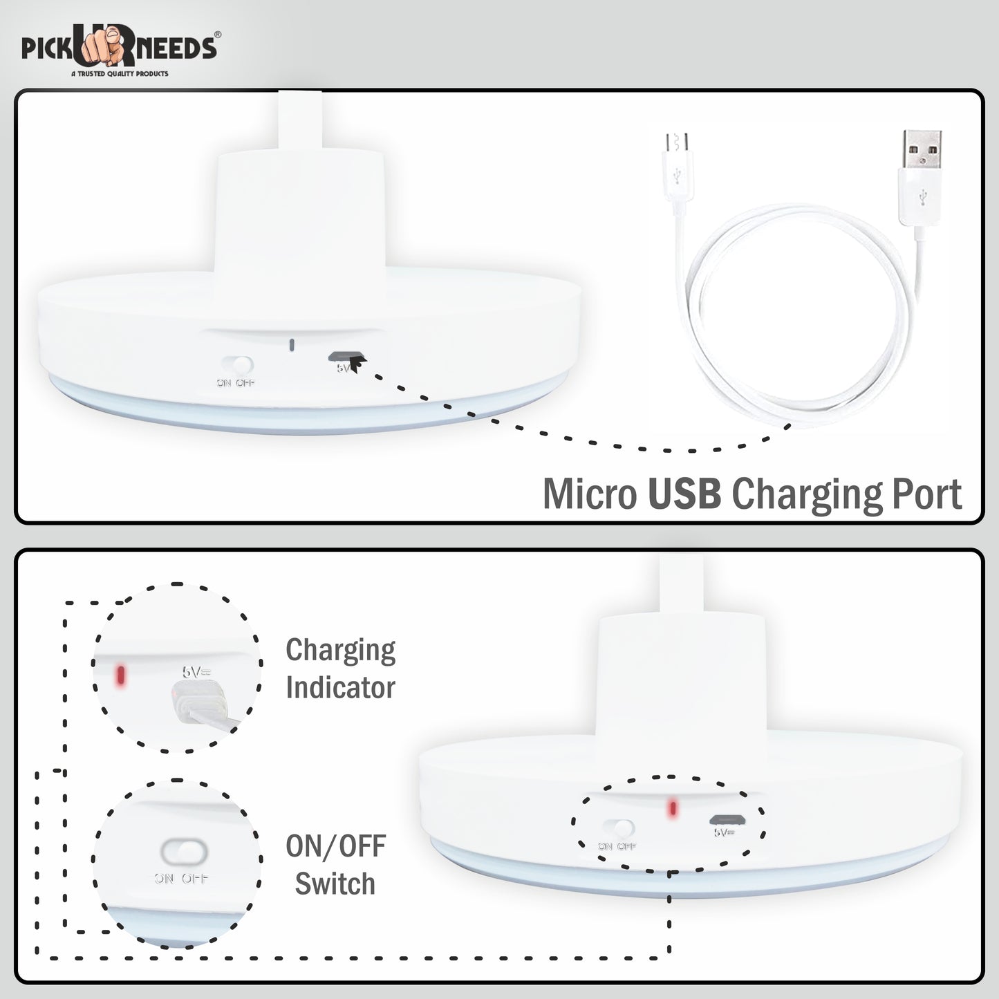 Pick Ur Needs Rechargeable LED Eye-Caring Table Desk Lamp with USB Charging Cable