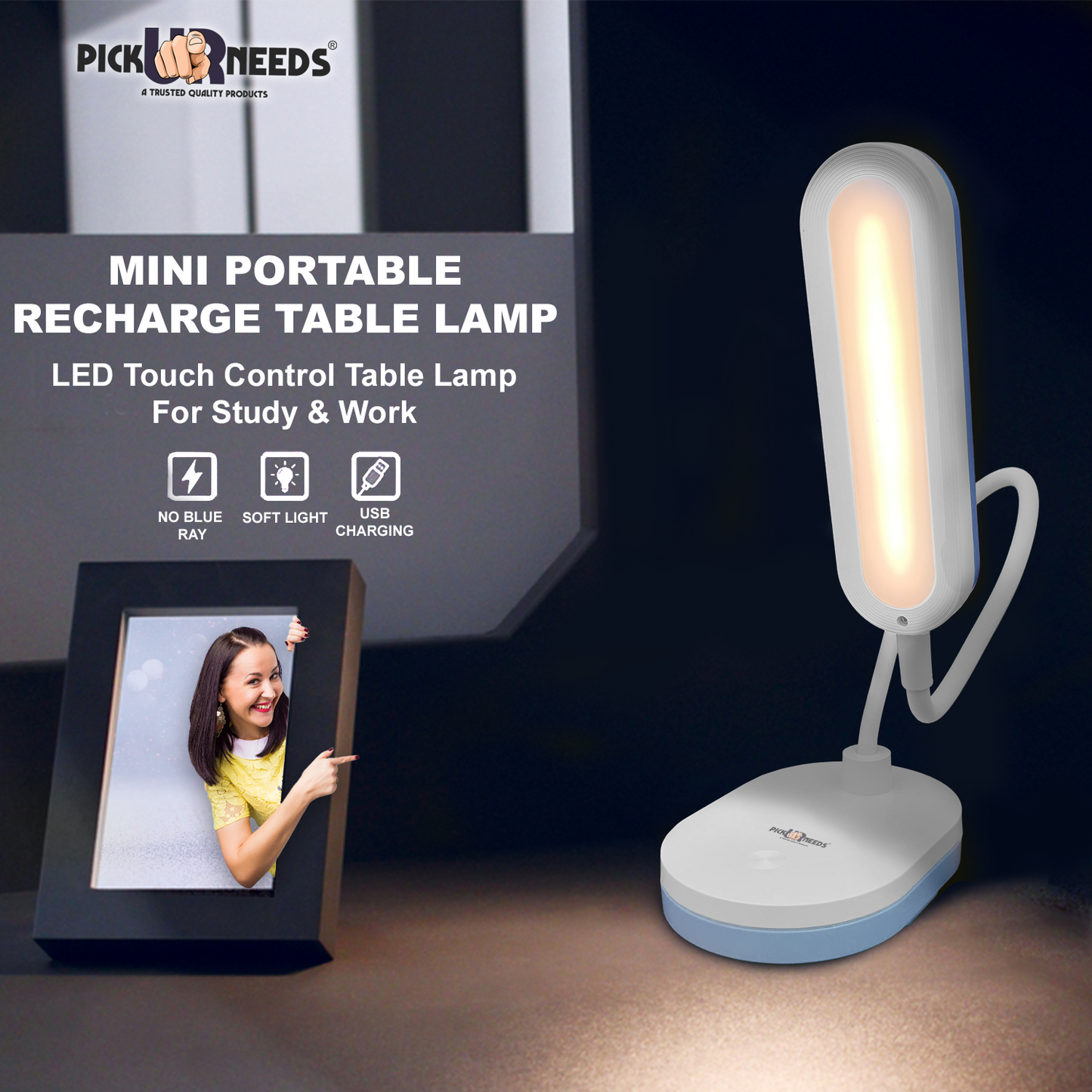 Pick Ur Needs LED Rechargeable Table Study Desk Touch Warm Night Light Dimming Reading Lamp Table Lamp (20 cm, Blue)