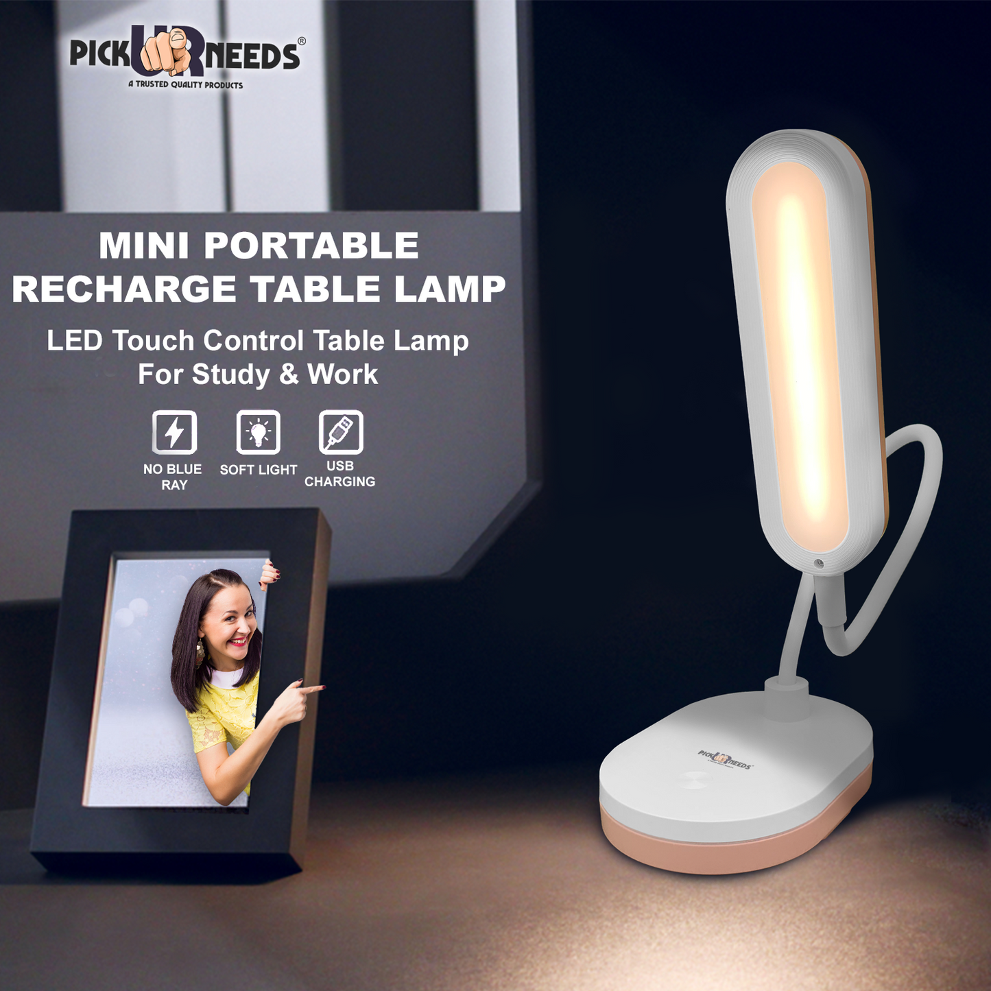 Pick Ur Needs LED Rechargeable Table Study Desk Touch Warm Night Light Dimming Reading Lamp Table Lamp (20 cm, Blue)