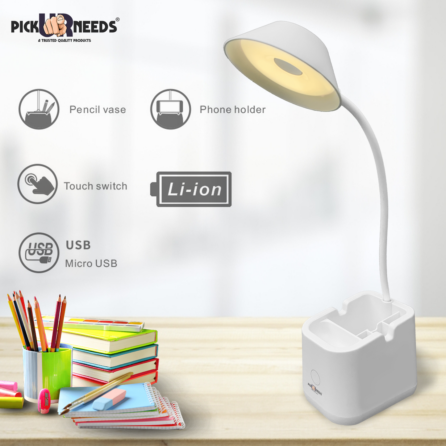 Pick Ur Needs Foldable Rechargeable Table Lamp LED Desk Light with Pen Stand Study Lamp (12 cm, White)