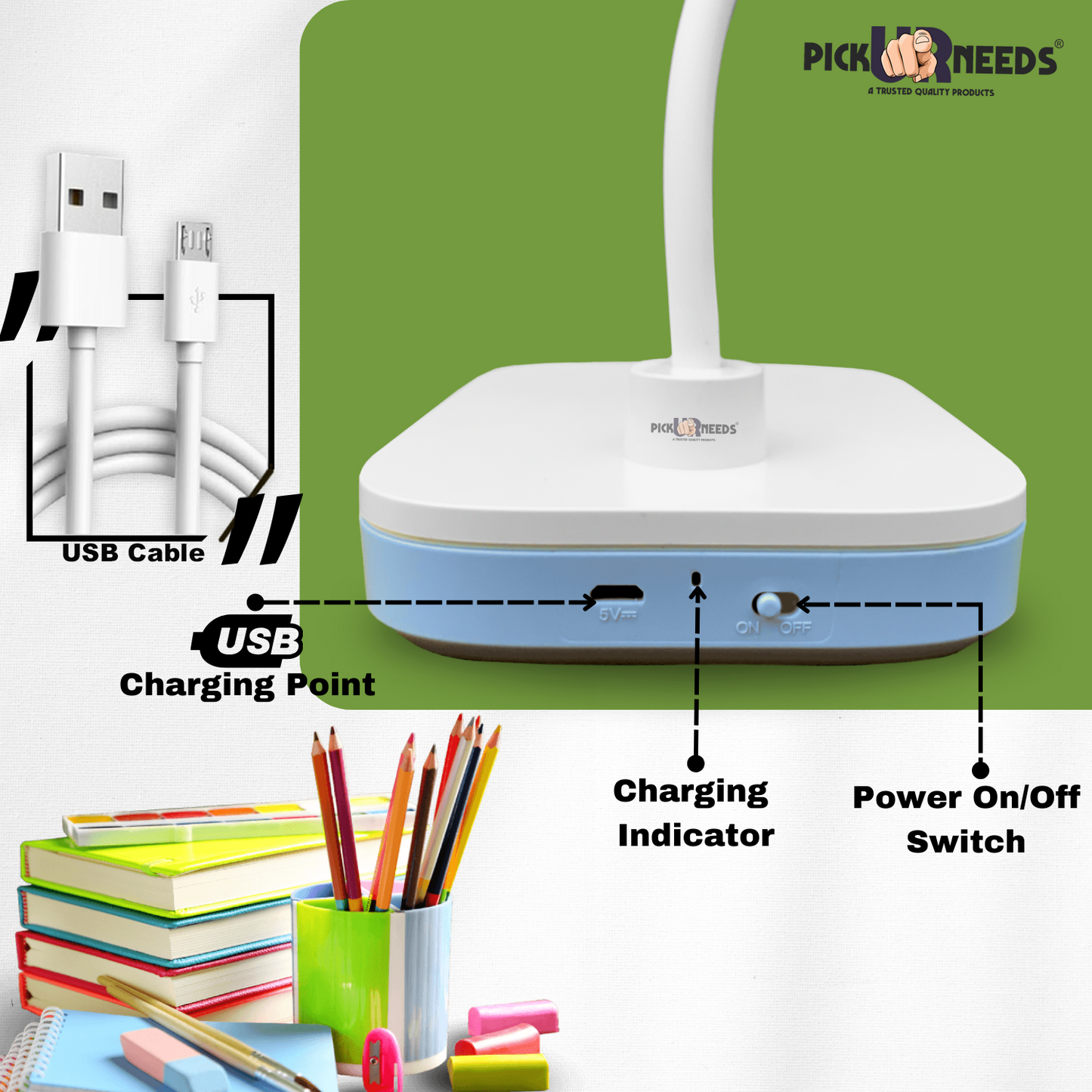 Pick Ur Needs Rechargeable Study Table LED Desk Lamp Touch with 3500mAh Lithium Battery Study Lamp (25 cm, Grey)