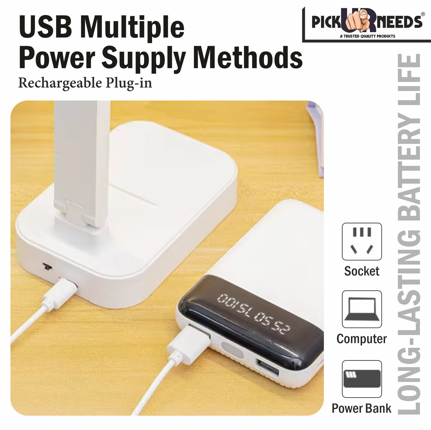 Pick Ur Needs Rechargeable 180° Foldable Table Lamp 3 Light Mode With Adjustable Brightness Study Lamp (26 cm, White)