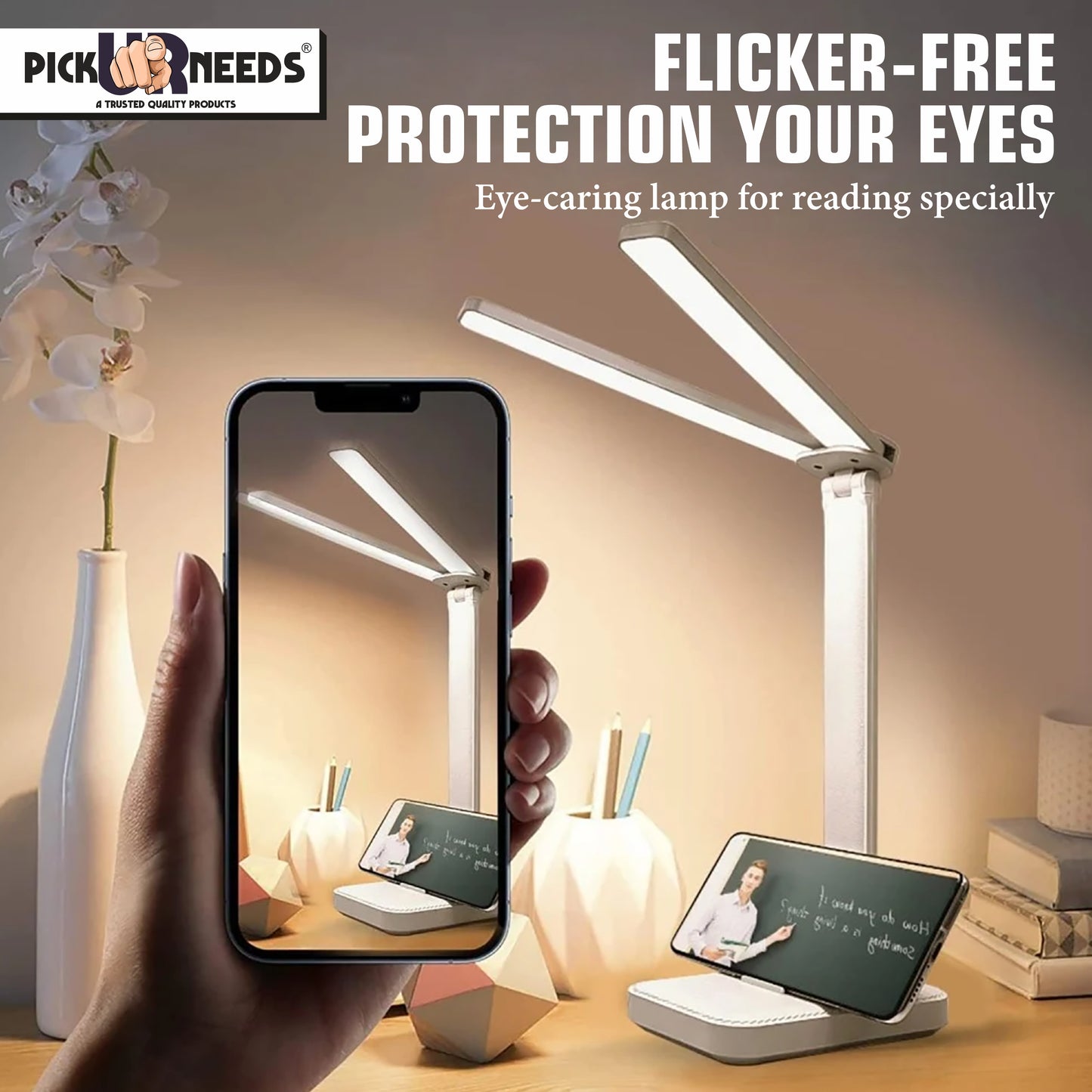 Pick Ur Needs Rechargeable 180° Foldable Table Lamp 3 Light Mode With Adjustable Brightness Study Lamp (26 cm, White)