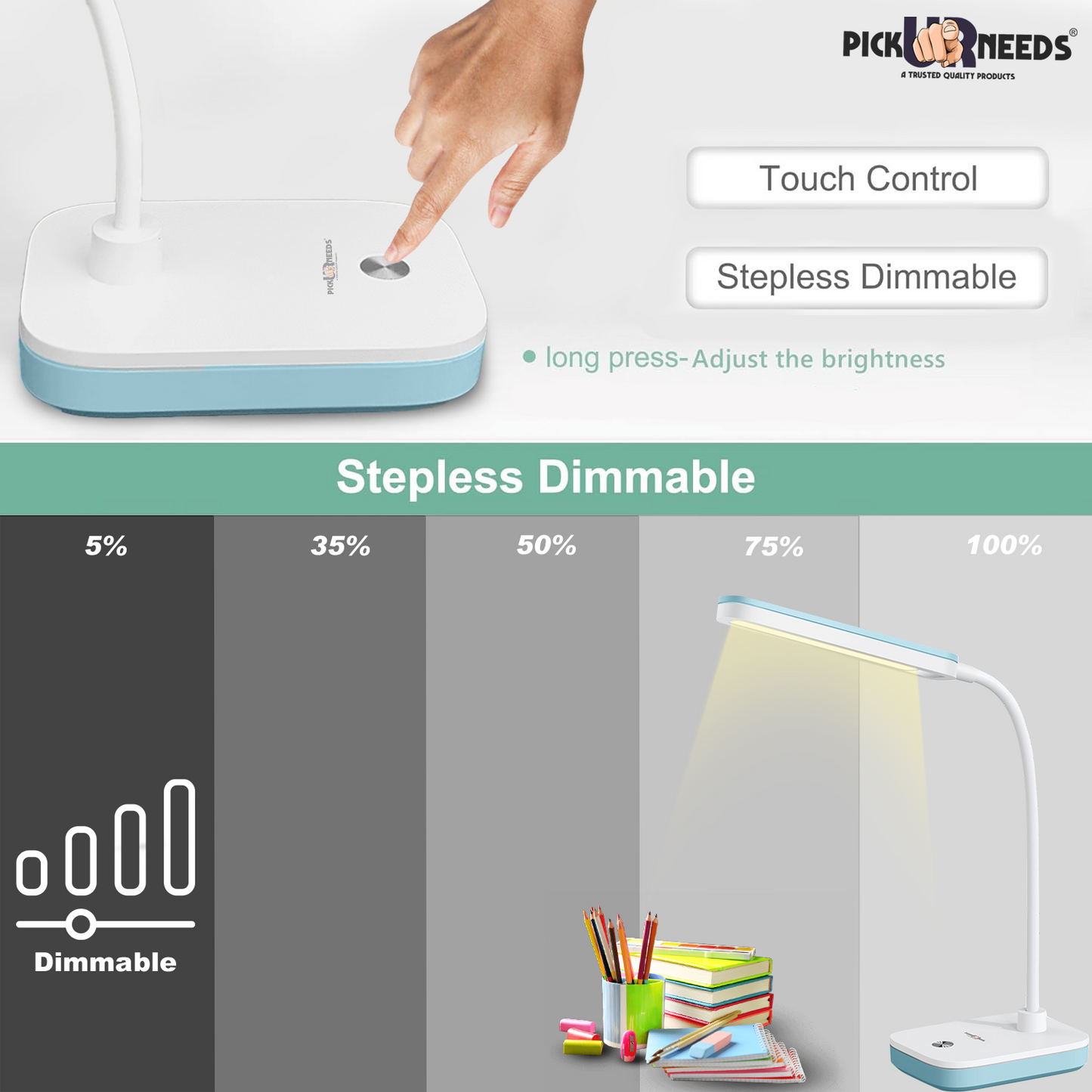 Pick Ur Needs Rechargeable Study Table LED Desk Lamp Touch with 3500mAh Lithium Battery Study Lamp (25 cm, Blue)