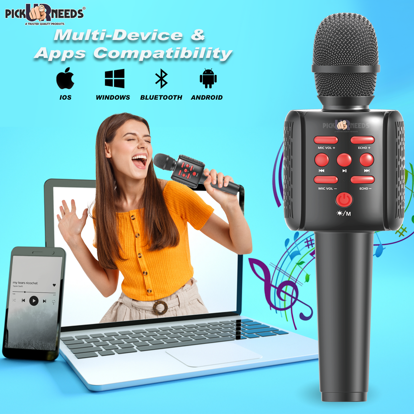 Pick Ur Needs Rechargeable Wireless Bluetooth Microphone Kids Singing Karaoke Mic Kids Playing Microphone (White)