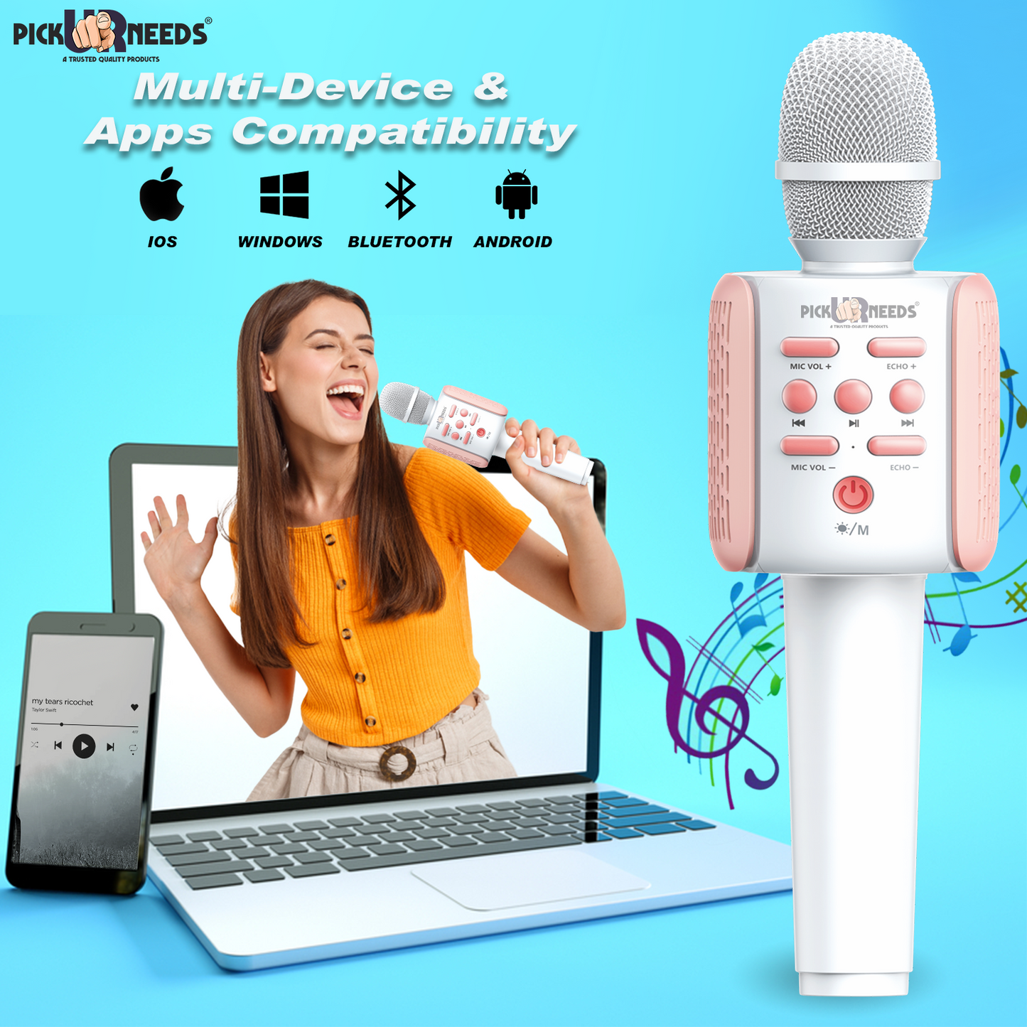 Pick Ur Needs Rechargeable Wireless Bluetooth Microphone Kids Singing Karaoke Mic Kids Playing Microphone (White)