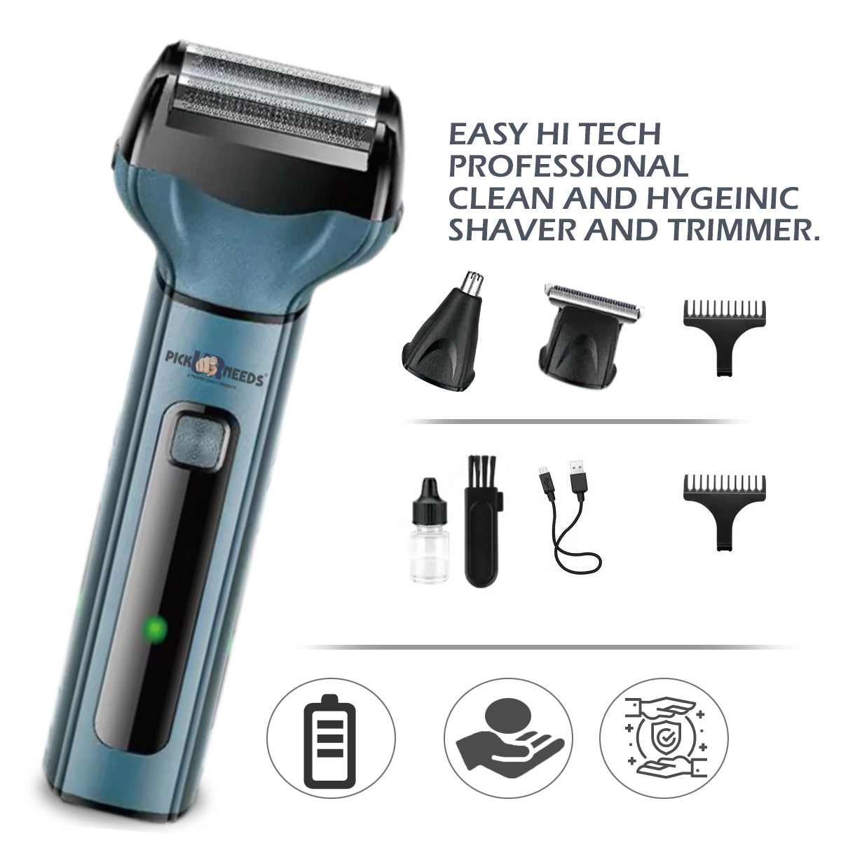 Pick Ur Needs Professional Shaver, 3 in 1 Beard, Nose and Ear Waterproof Trimmer Grooming Kit 90 min Runtime 2 Length Settings (Multicolor)