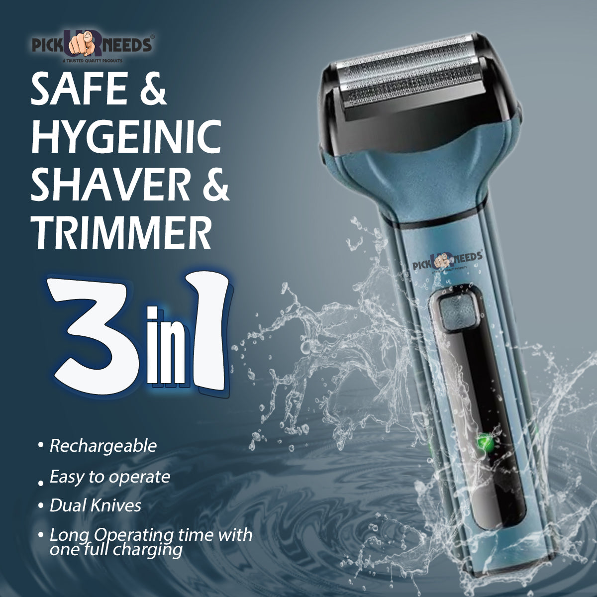 Pick Ur Needs Professional Shaver, 3 in 1 Beard, Nose and Ear Waterproof Trimmer Grooming Kit 90 min Runtime 2 Length Settings (Multicolor)