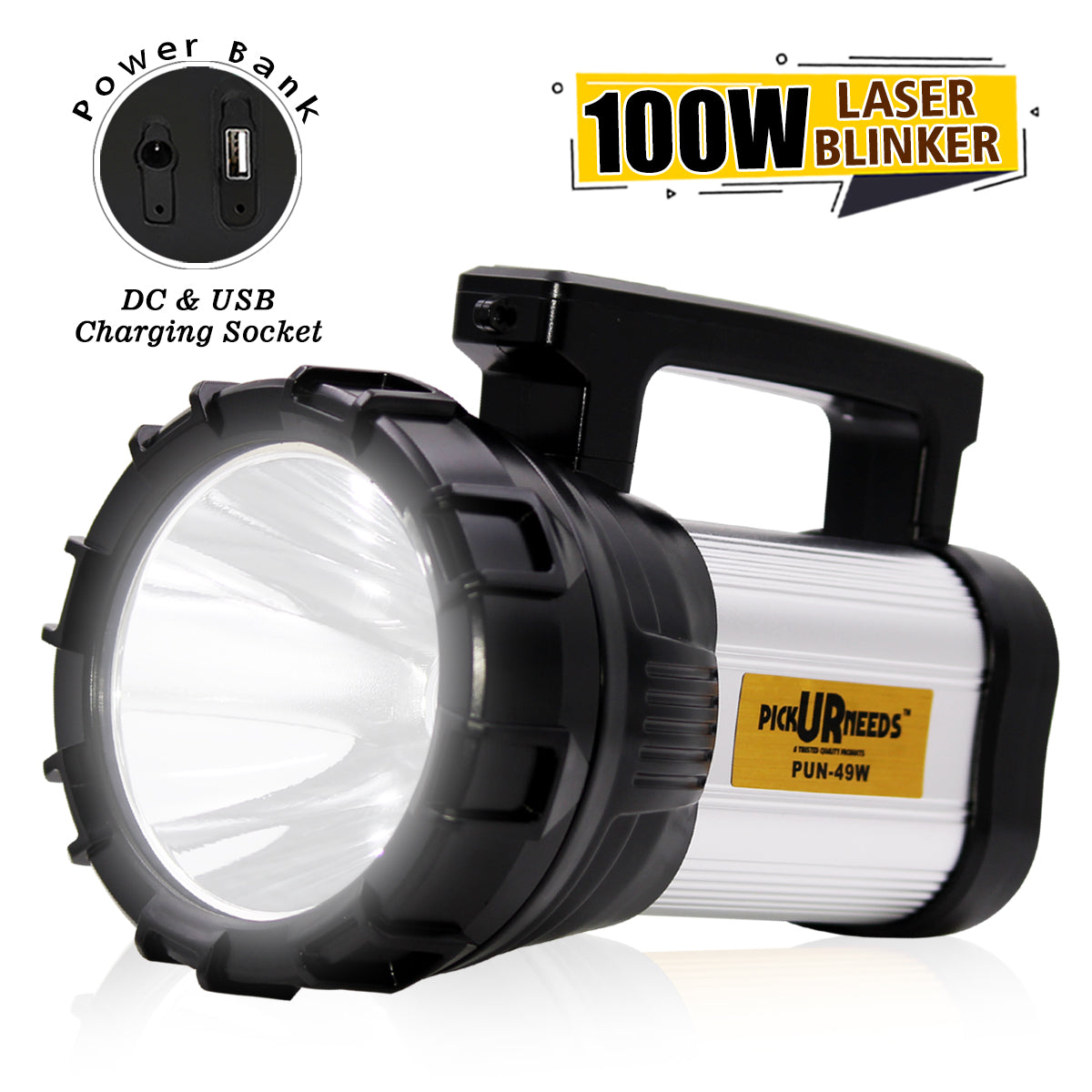 Pick Ur Needs Emergency Rechargeable Search Torch Light Prime Metal 100W Long Range Distance High Power With Power Bank