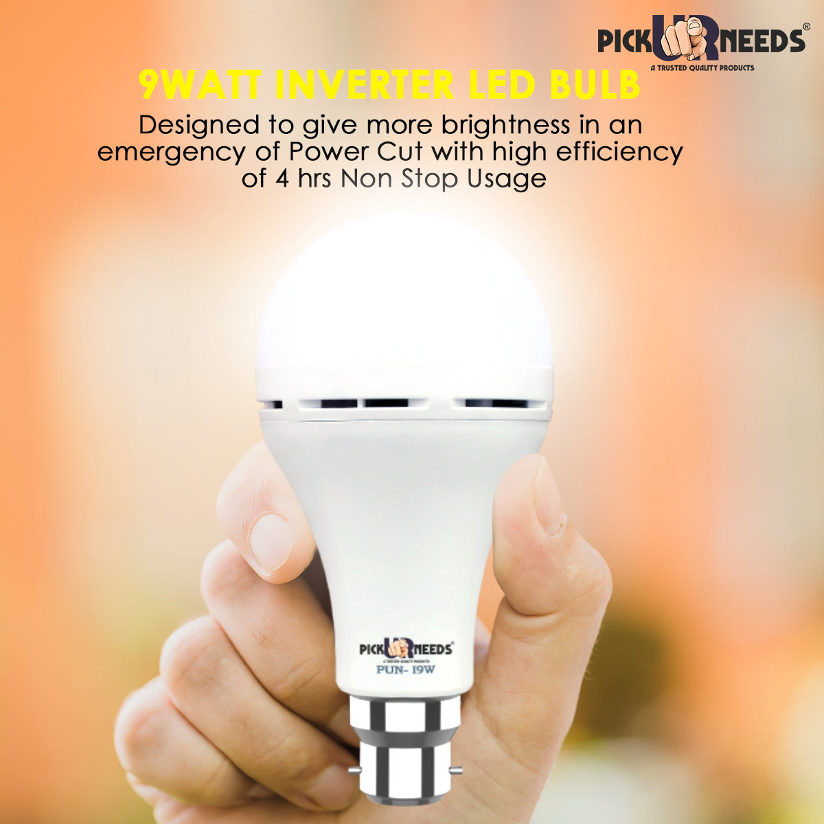 Pick Ur Needs Rechargeable 9W Inverter LED AC/DC Bulb For Home Emergency Light, Self-Charging 4 hrs Bulb Emergency Light (Pack of 4)
