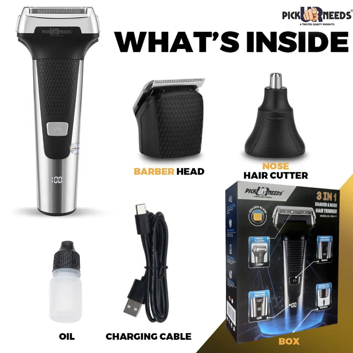 Pick Ur Needs Professional Rechargeable Cordless 3 in1 Waterproof Beard/ Hair/ Nose Trimmer 90 min Runtime 3 Length Settings (Gold)