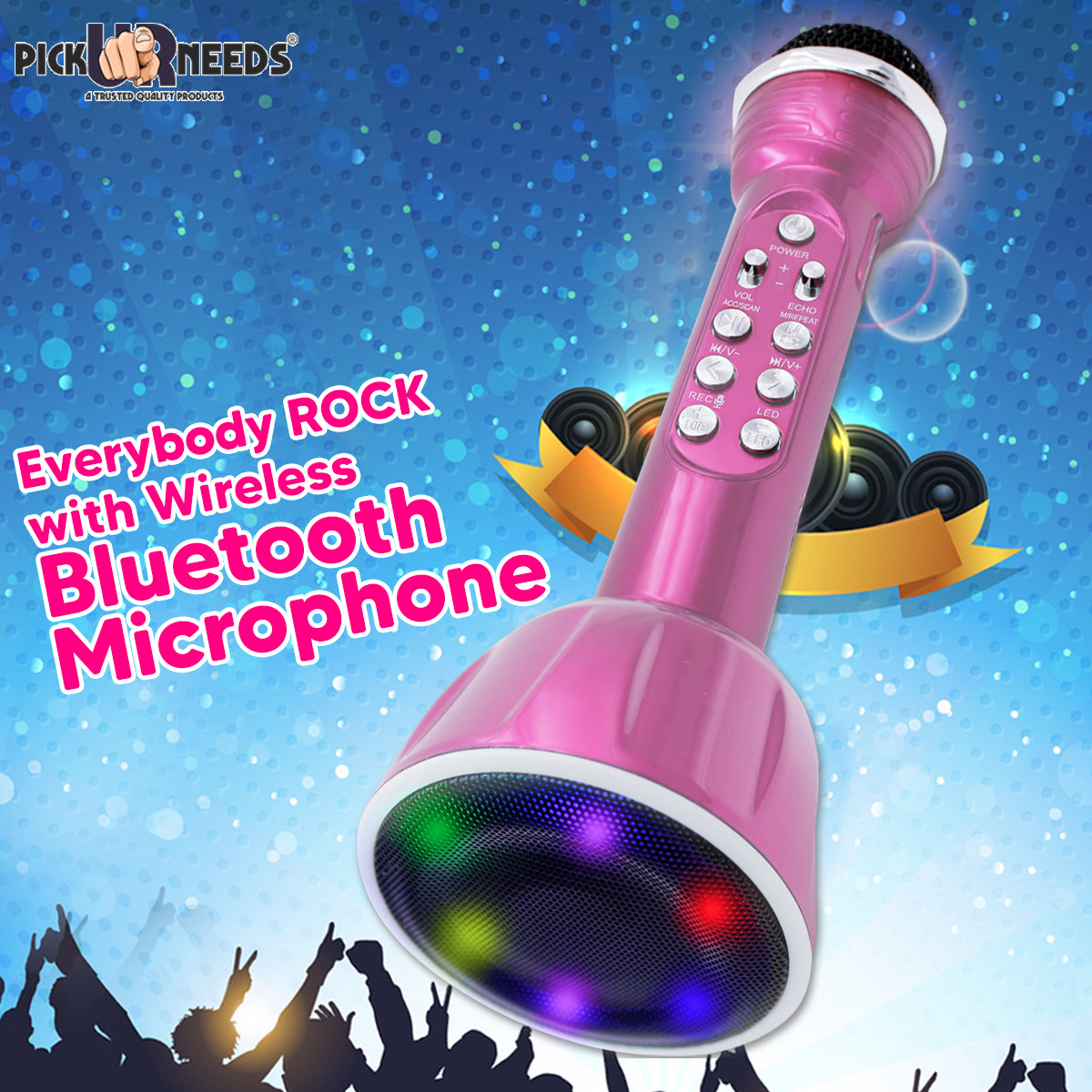 Pick Ur Needs Superier Quality With LED Wireless Bluetooth Microphone Connection Player Speaker 2-in1 With Recording + USB+FM Microphone (Pink)