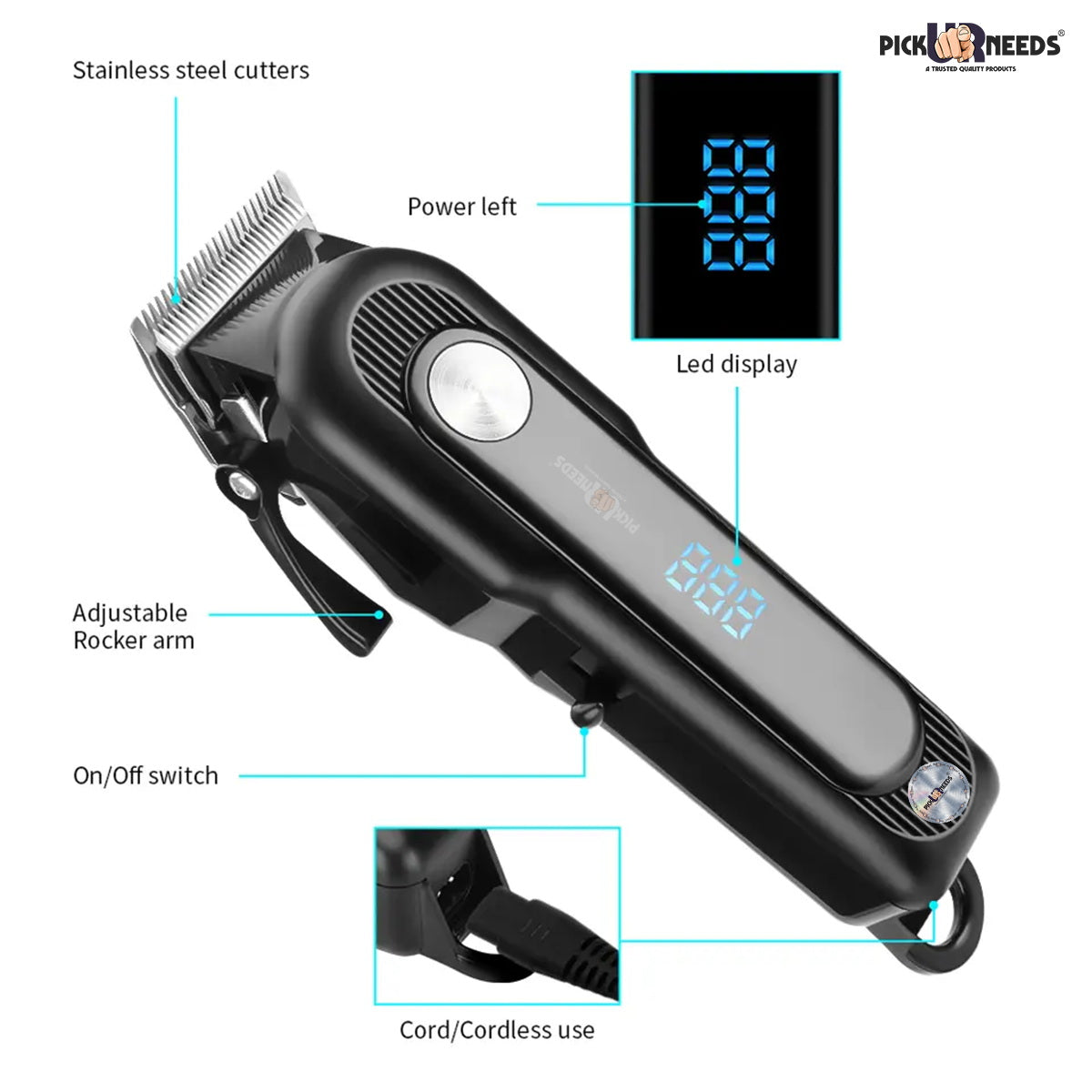 Pick Ur Needs Professional Rechargeable Electric Hair Shaver For Men Barber Beard Hair Clipper Trimmer 120 min Runtime 3 Length Settings (Black)