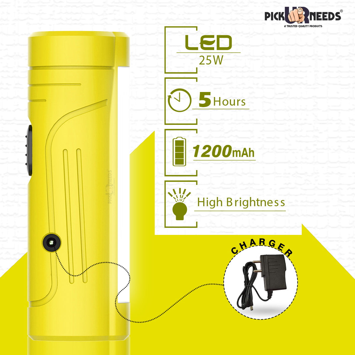 Pick Ur Needs Rechargeable Mini Pocket LED 25W Flashlight Torch With Emergency Side Tube Light 3 hrs Torch Emergency Light (Yellow)