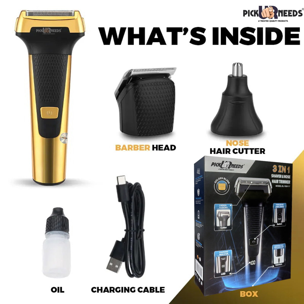 Pick Ur Needs Professional Rechargeable Cordless 3 in1 Waterproof Beard/ Hair/ Nose Trimmer 90 min Runtime 3 Length Settings (Gold)