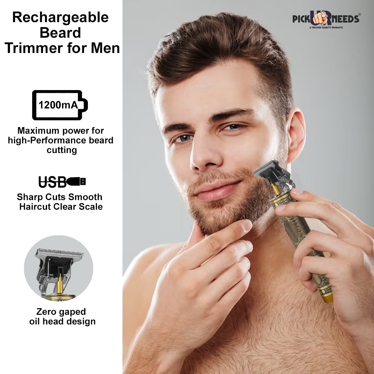 Pick Ur Needs Hair Trimmer T-Blade Rechargeable Cordless Electric Shaver Beard Grooming Kit 120 min Runtime 1 Length Settings (Gold)