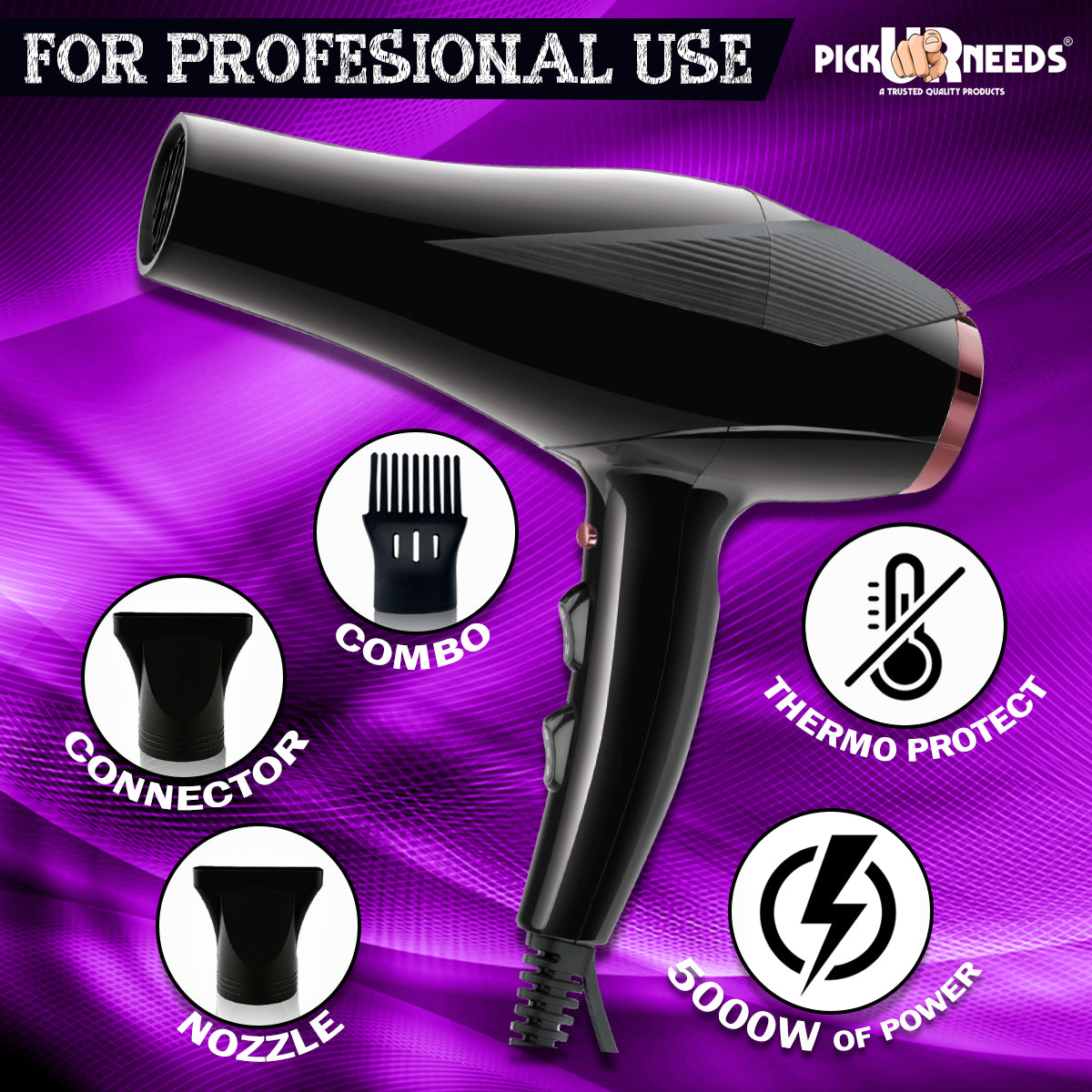 Pick Ur Needs Professional Stylish Hair Dryer With Over Heat Protection Hot And Cold Dryer Hair Dryer WIth Comb Reduser Hair Dryer (5000 W, Black)