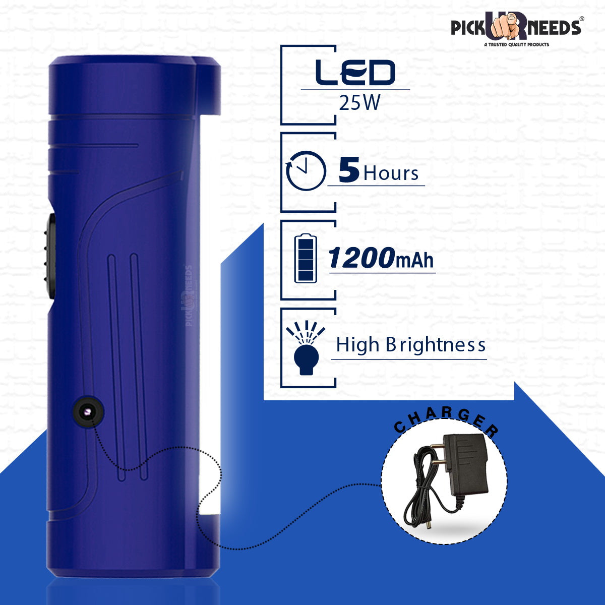Pick Ur Needs Mini LED 25W Rechargeable Flashlight Torch With Side Tube Light 3 hrs Torch Emergency Light (Blue) Pack of 2