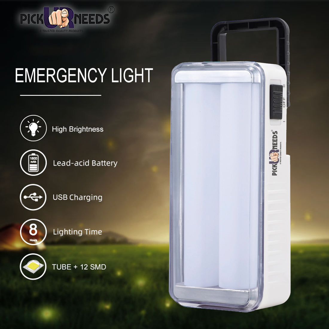 Pick Ur Needs High-Bright 2 Tube Rechargeable Floor Lantern Lamp With 5 Hrs Emergency Light
