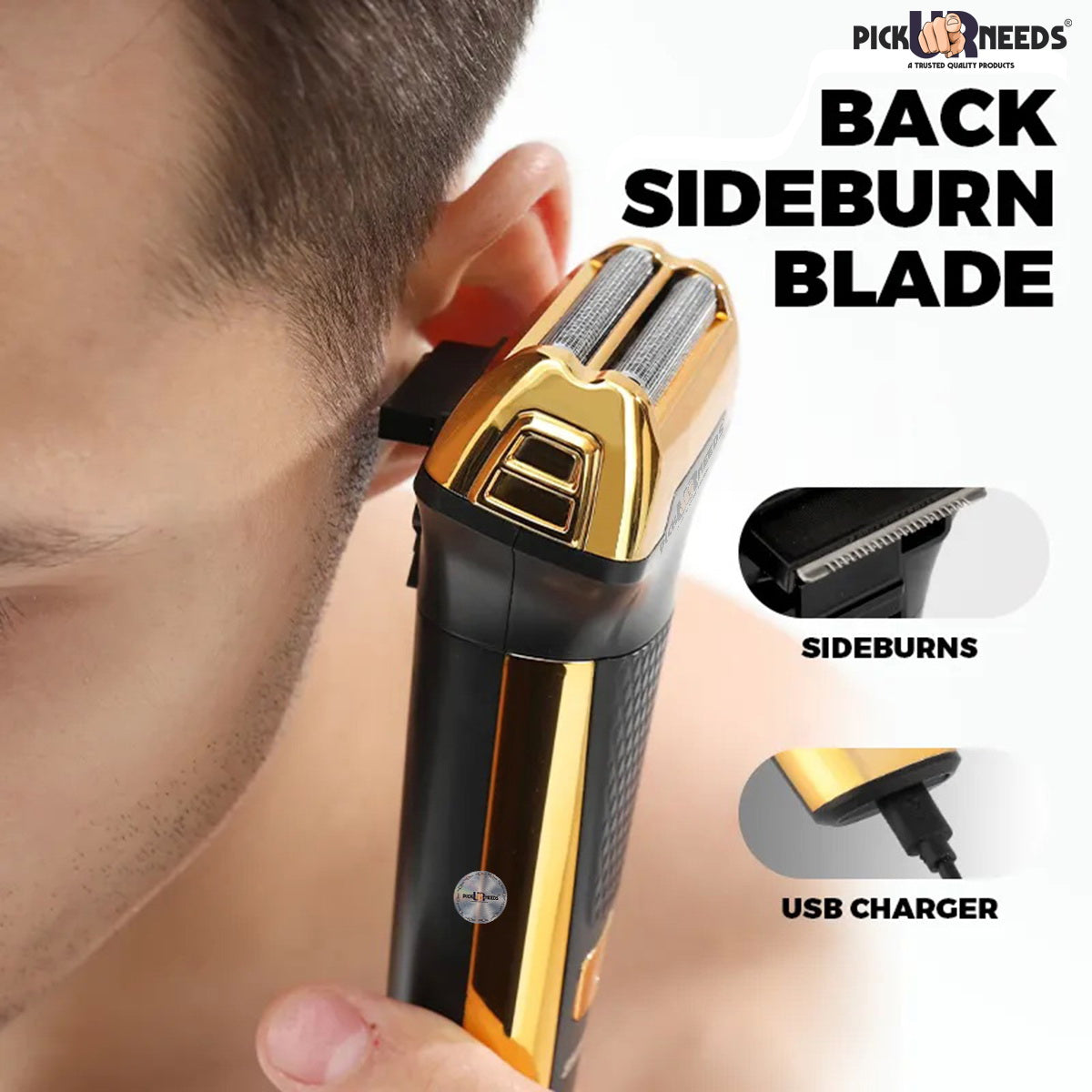 Pick Ur Needs Professional Rechargeable Cordless 3 in1 Waterproof Beard/ Hair/ Nose Trimmer 90 min Runtime 3 Length Settings (Gold)