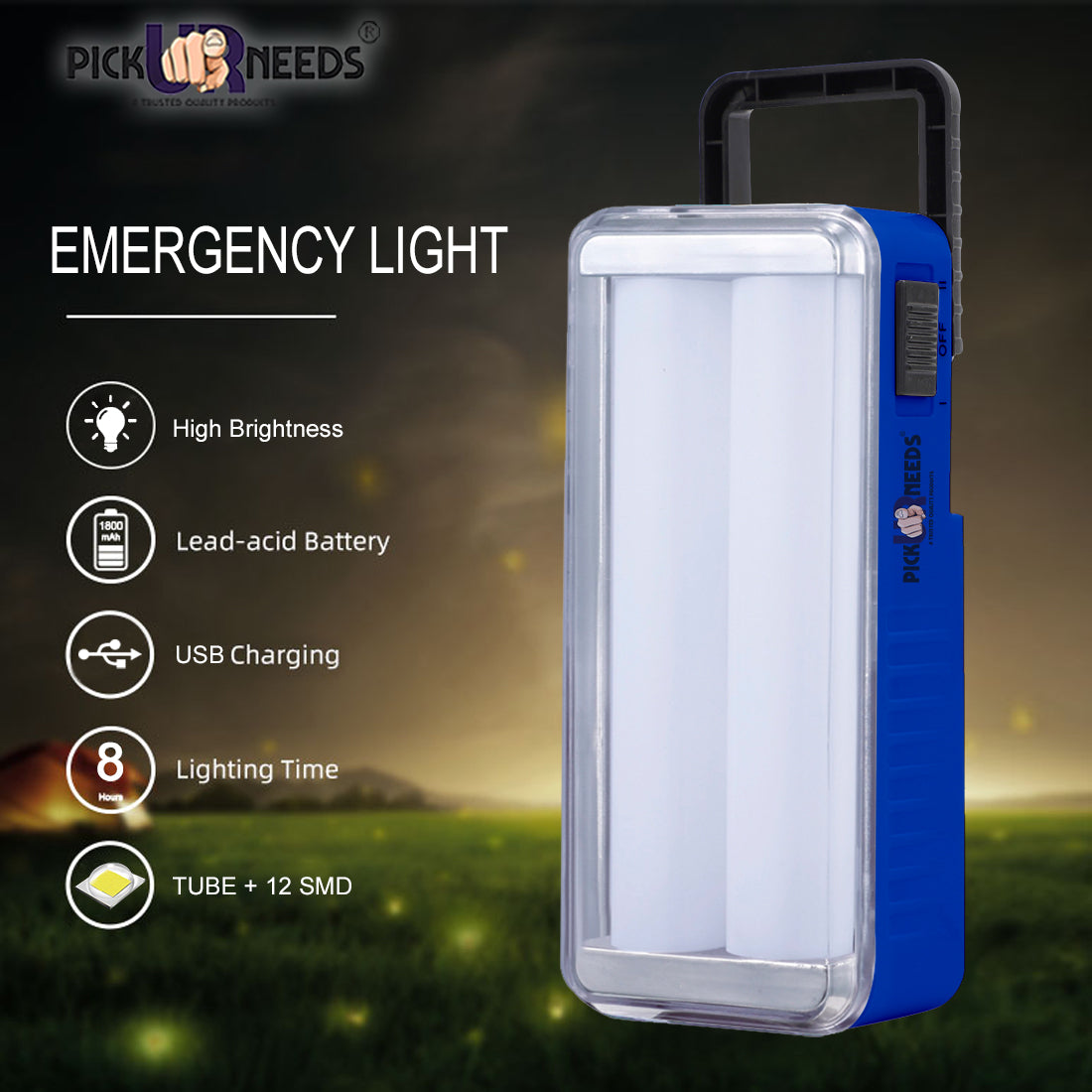 Pick Ur Needs High-Bright 2 Tube Rechargeable Floor Lantern Lamp With 5 Hrs Emergency Light