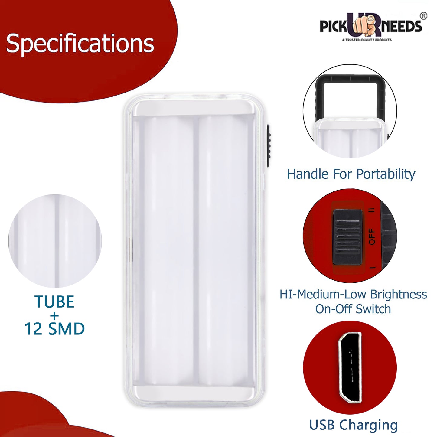 Pick Ur Needs High-Bright 2 Tube Rechargeable Floor Lantern Lamp With 5 Hrs Emergency Light