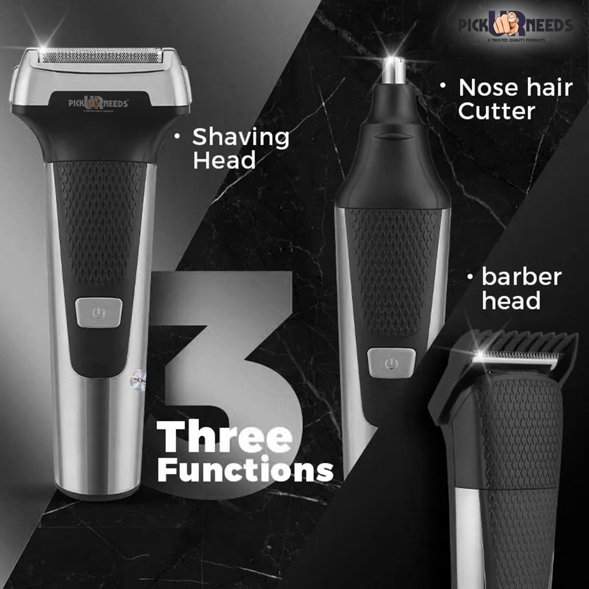 Pick Ur Needs Professional Rechargeable Cordless 3 in1 Waterproof Beard/ Hair/ Nose Trimmer 90 min Runtime 3 Length Settings (Gold)