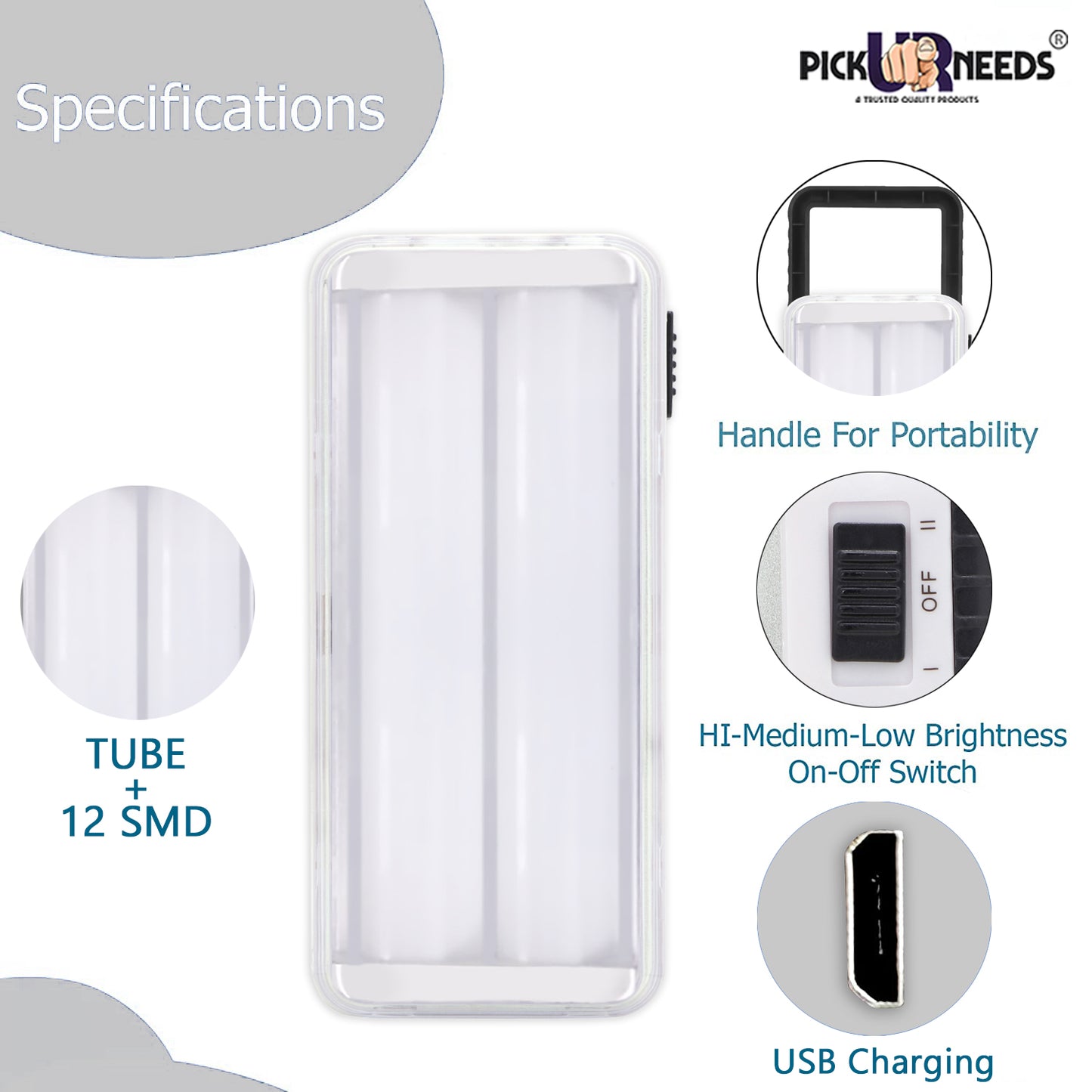 Pick Ur Needs High-Bright 2 Tube Rechargeable Floor Lantern Lamp With 5 Hrs Emergency Light