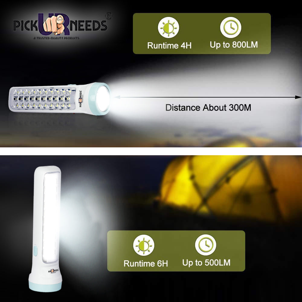 Pick Ur Needs Dual Mode Power Full Led Rechargeable Long Range Torch With Side Emergency 30 Led 6 hrs Torch Emergency Light (White)