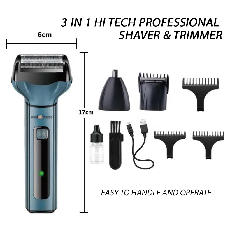 Pick Ur Needs Professional Shaver, 3 in 1 Beard, Nose and Ear Waterproof Trimmer Grooming Kit 90 min Runtime 2 Length Settings (Multicolor)