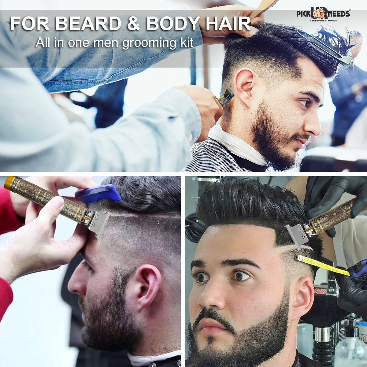 Pick Ur Needs Hair Trimmer T-Blade Rechargeable Cordless Electric Shaver Beard Grooming Kit 120 min Runtime 1 Length Settings (Gold)