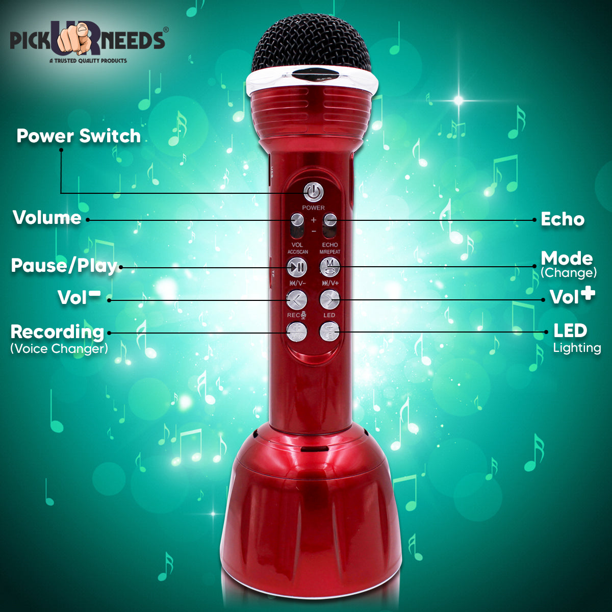 Pick Ur Needs Superier Quality With LED Wireless Bluetooth Microphone Connection Player Speaker 2-in1 With Recording + USB+FM Microphone (Pink)