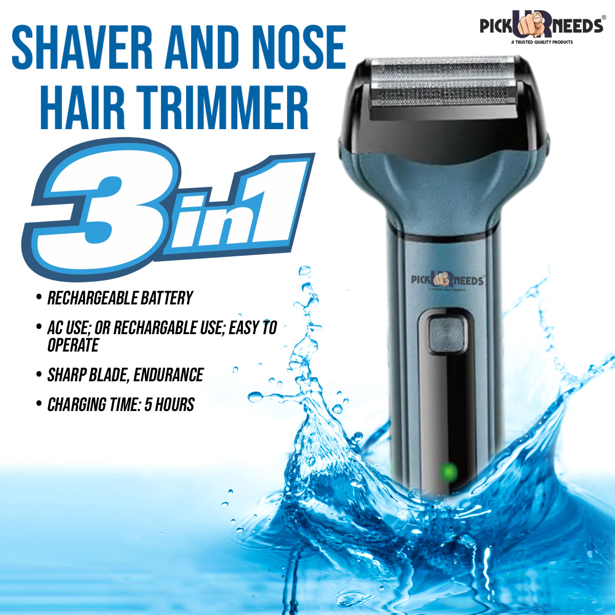 Pick Ur Needs Professional Shaver, 3 in 1 Beard, Nose and Ear Waterproof Trimmer Grooming Kit 90 min Runtime 2 Length Settings (Multicolor)