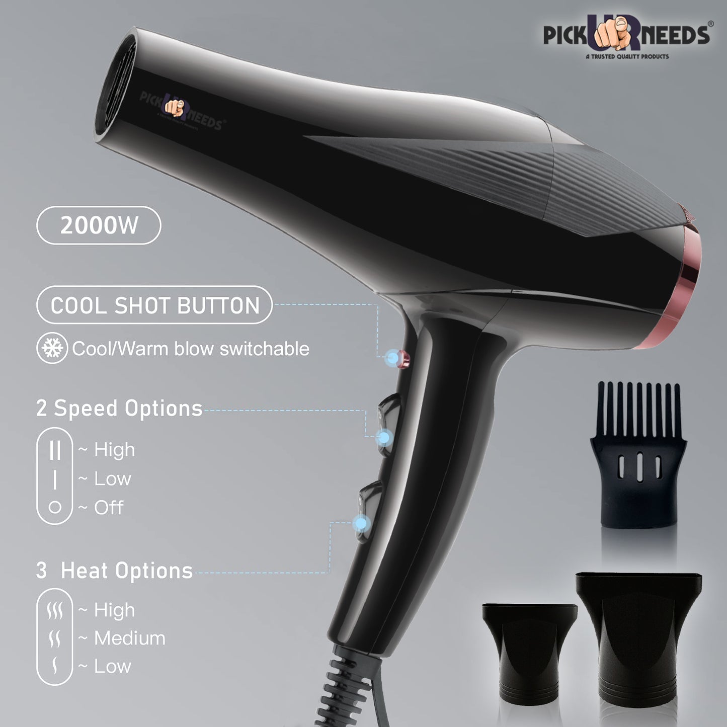Pick Ur Needs Professional Stylish Hair Dryer With Over Heat Protection Hot And Cold Dryer Hair Dryer WIth Comb Reduser Hair Dryer (5000 W, Black)