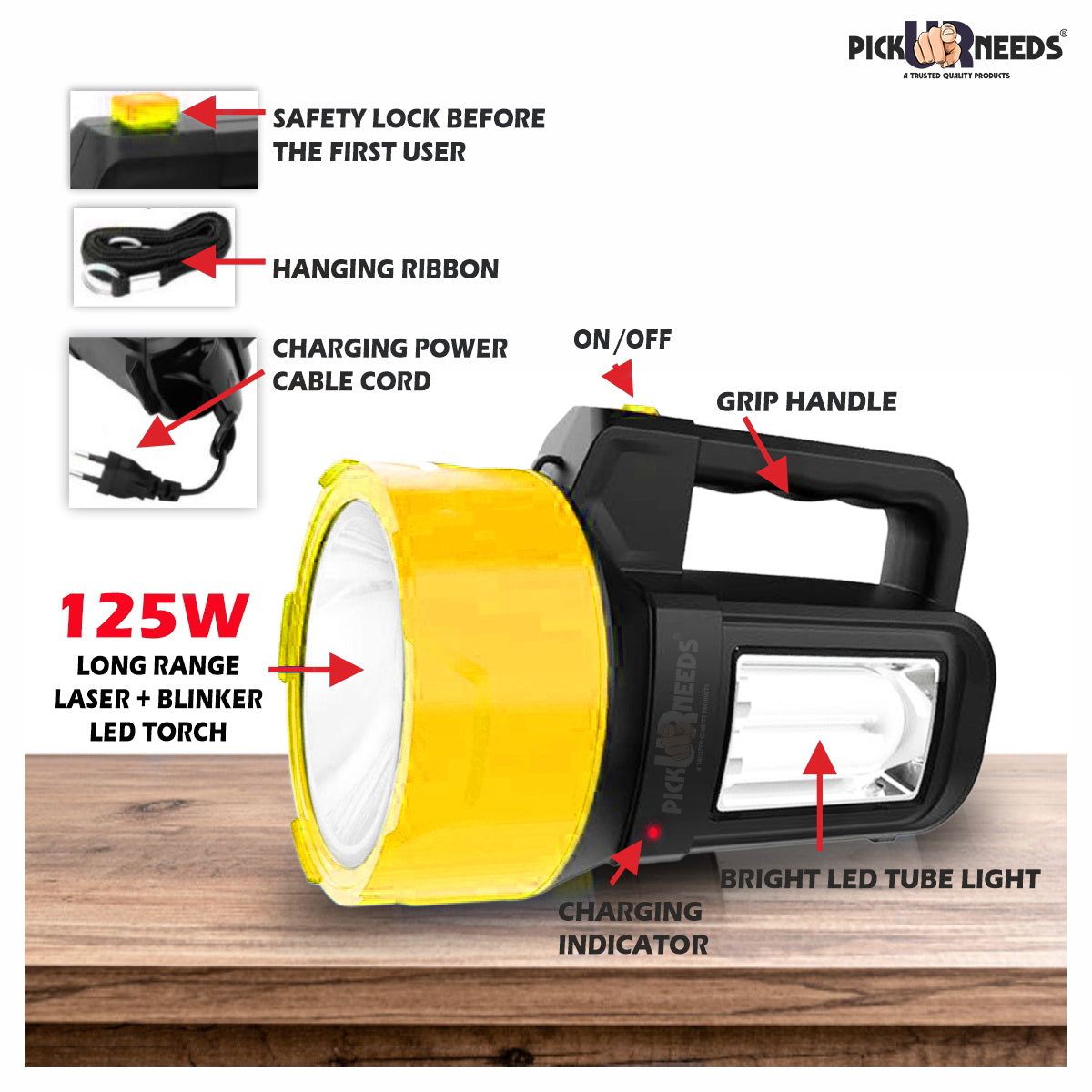 Pick Ur Needs Rechargeable Long Range Light 125W Searchlight with Blinker + Side Light Torch