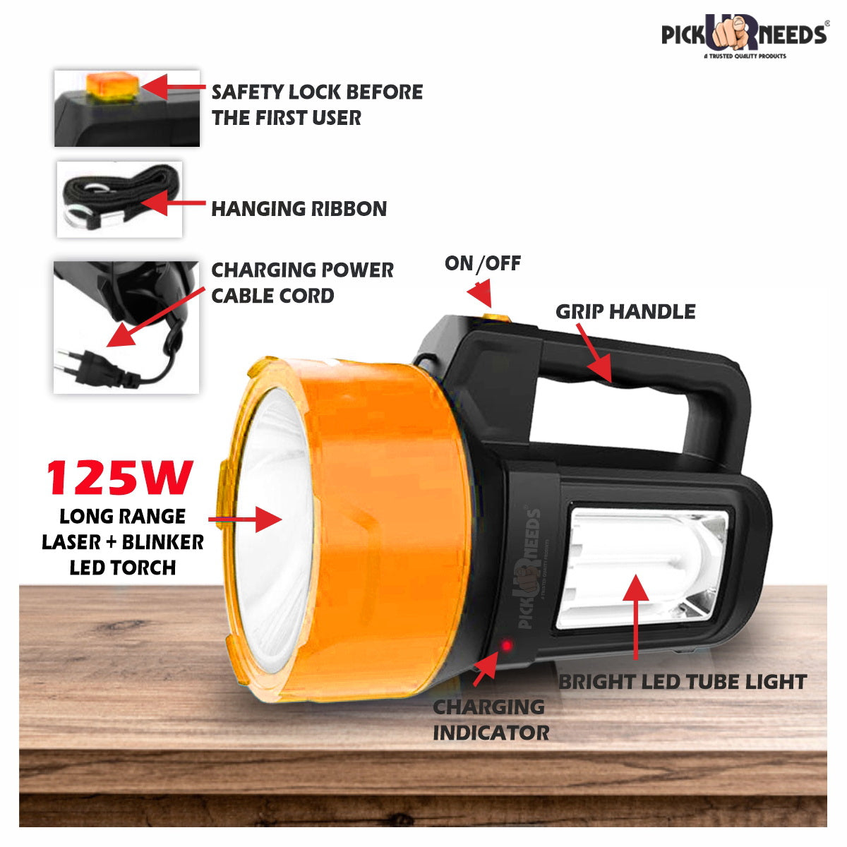 Pick Ur Needs Rechargeable Long Range Light 125W Searchlight with Blinker + Side Light Torch