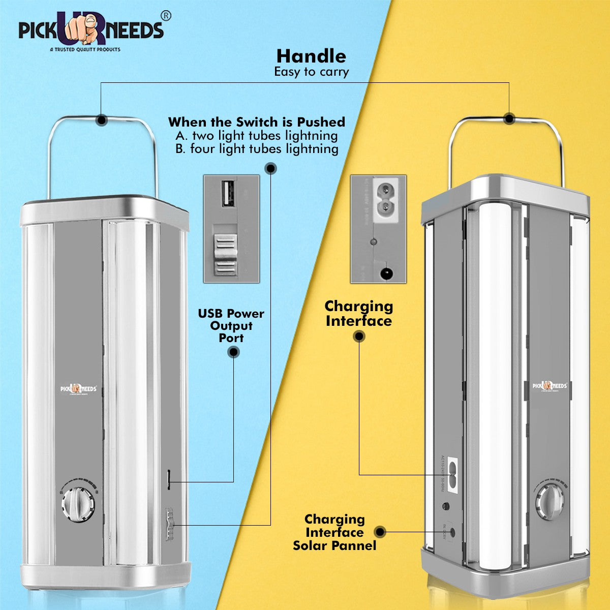 Pick Ur Needs High Range Rechargeable Home Emergency 4 Tube Lantern Light with with Solar Panel(3W+9V)