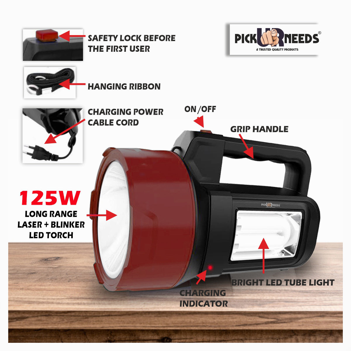 Pick Ur Needs Rechargeable Long Range Light 125W Searchlight with Blinker + Side Light Torch