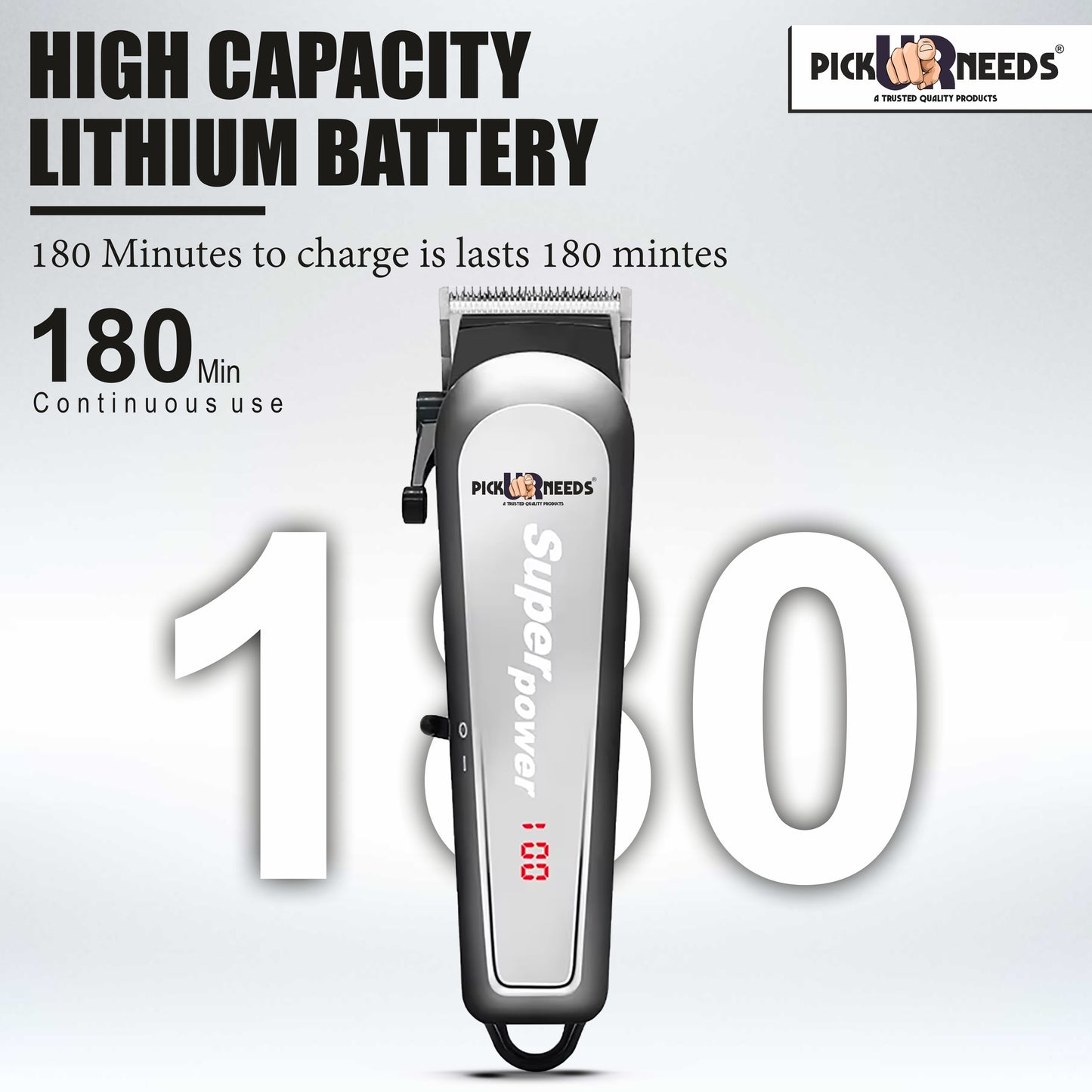 Pick Ur Needs Rechargeable Hair Clipper / Shaver / With LED Display 3 Hrs Backup Professional Trimmer 3 min Runtime 4 Length Settings