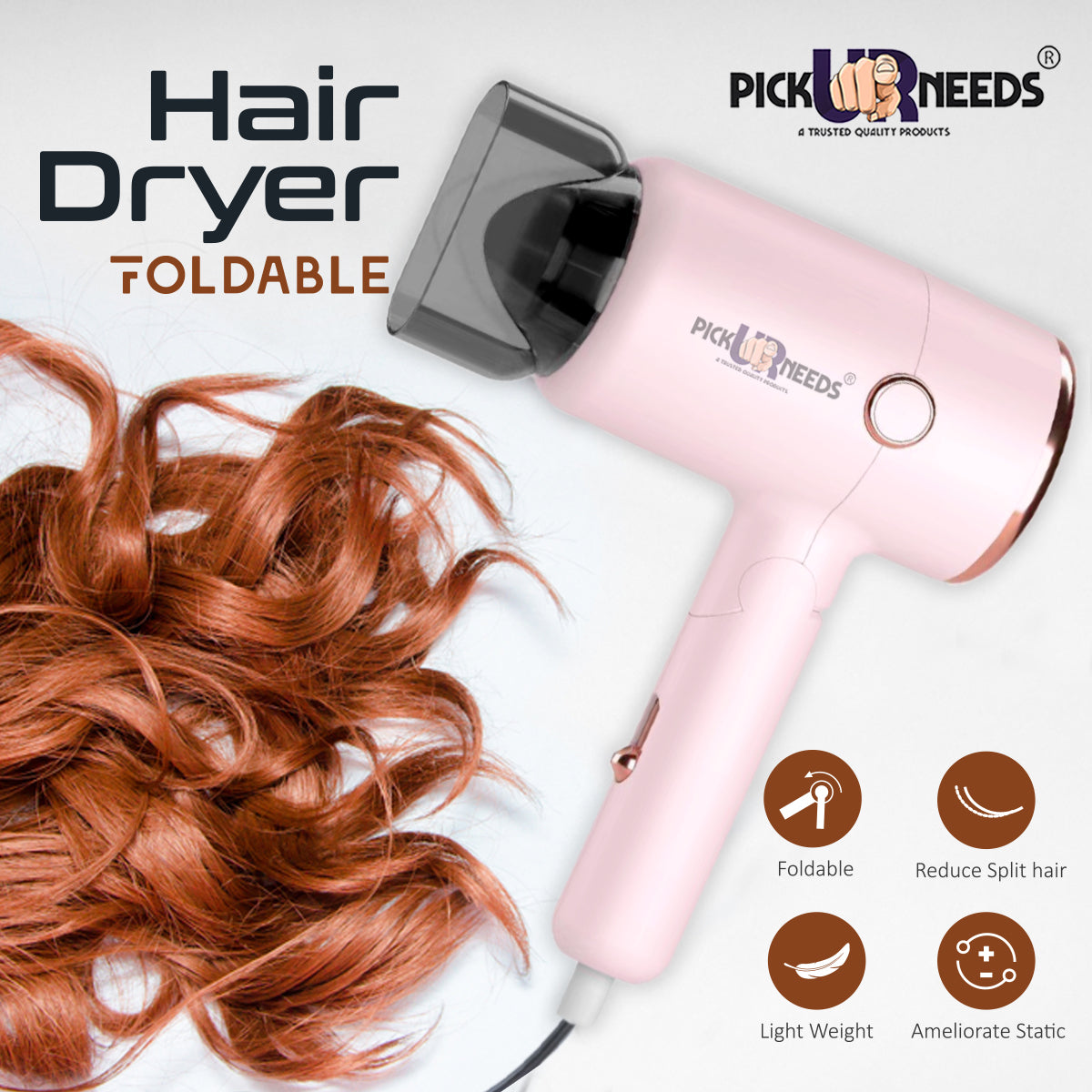Pick Ur Needs Hair Dryer Stylish 2000W Mini Professional Hot & Cold with Handle Foldable,2 comb & Nozzle For Men & Women