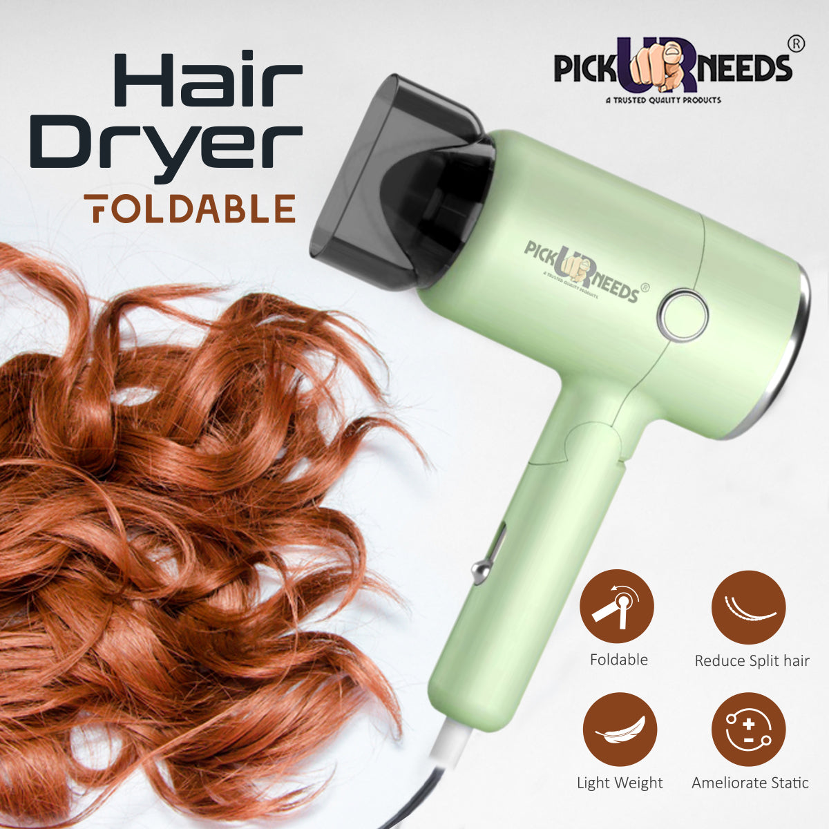 Pick Ur Needs Hair Dryer Stylish 2000W Mini Professional Hot & Cold with Handle Foldable,2 comb & Nozzle For Men & Women
