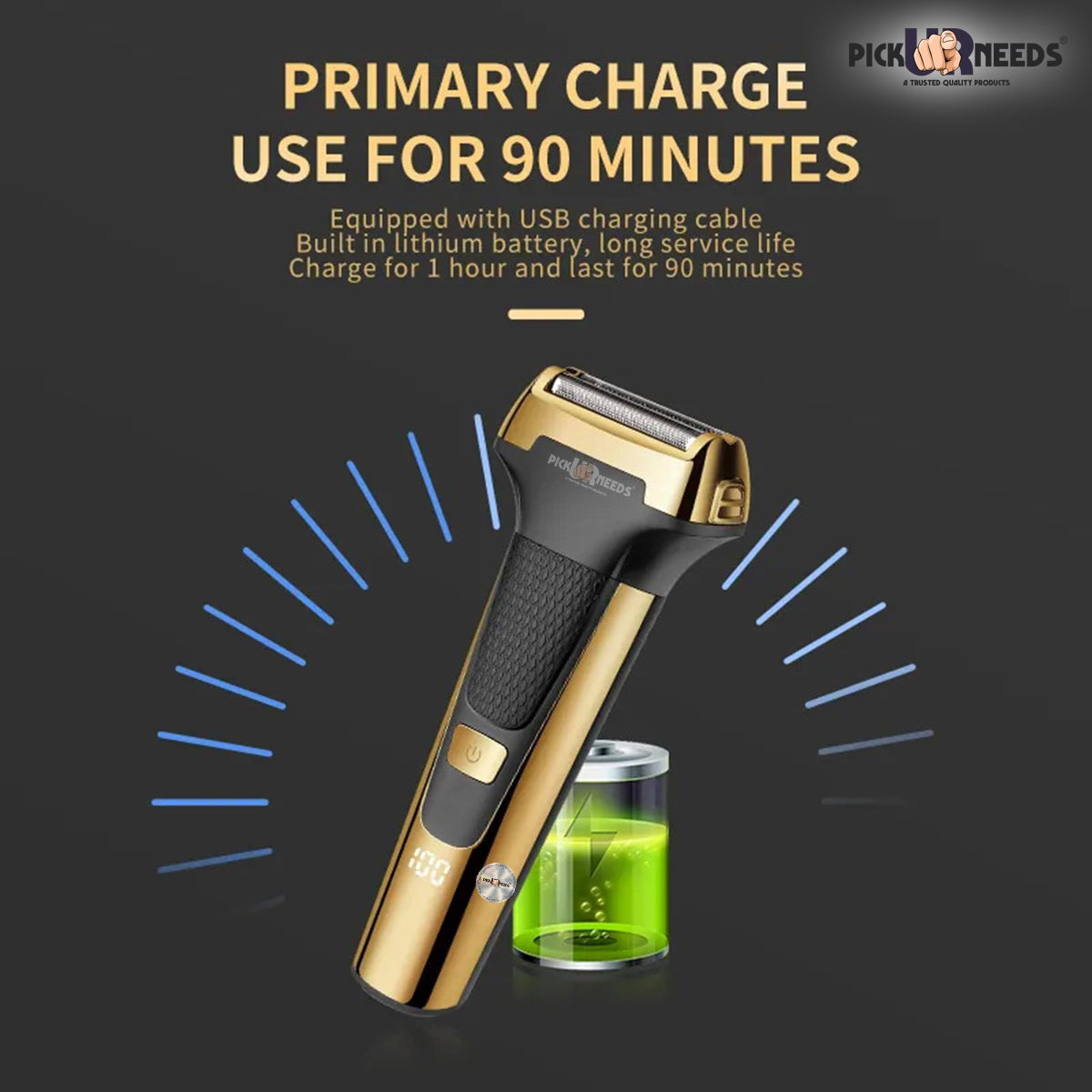 Pick Ur Needs Professional Rechargeable Cordless 3 in1 Waterproof Beard/ Hair/ Nose Trimmer 90 min Runtime 3 Length Settings (Gold)