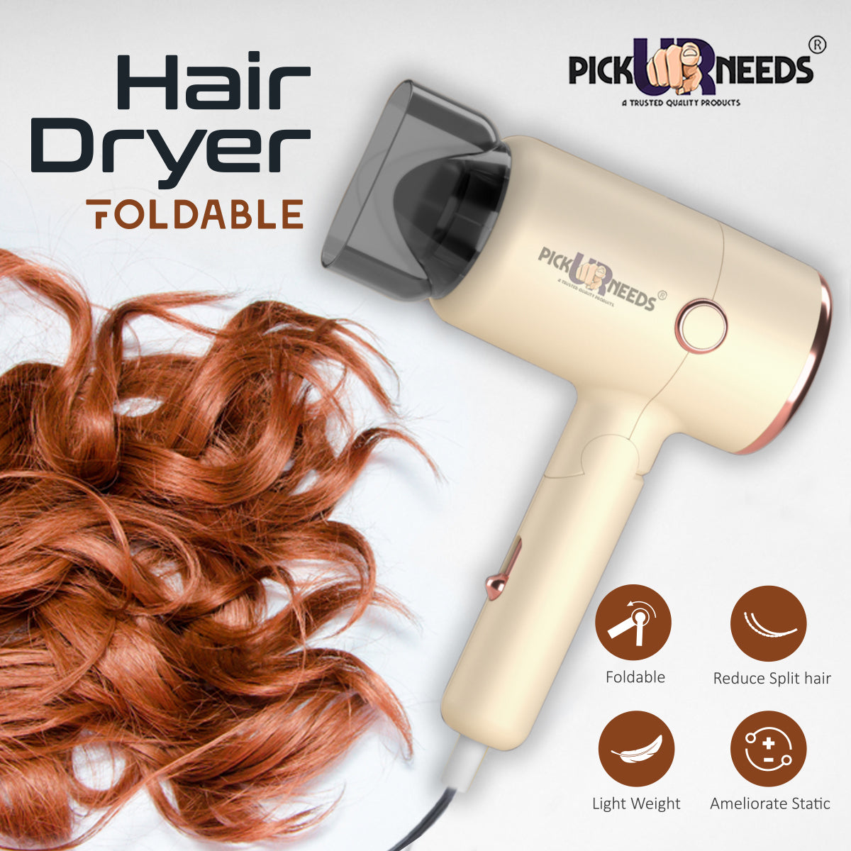 Pick Ur Needs Hair Dryer Stylish 2000W Mini Professional Hot & Cold with Handle Foldable,2 comb & Nozzle For Men & Women