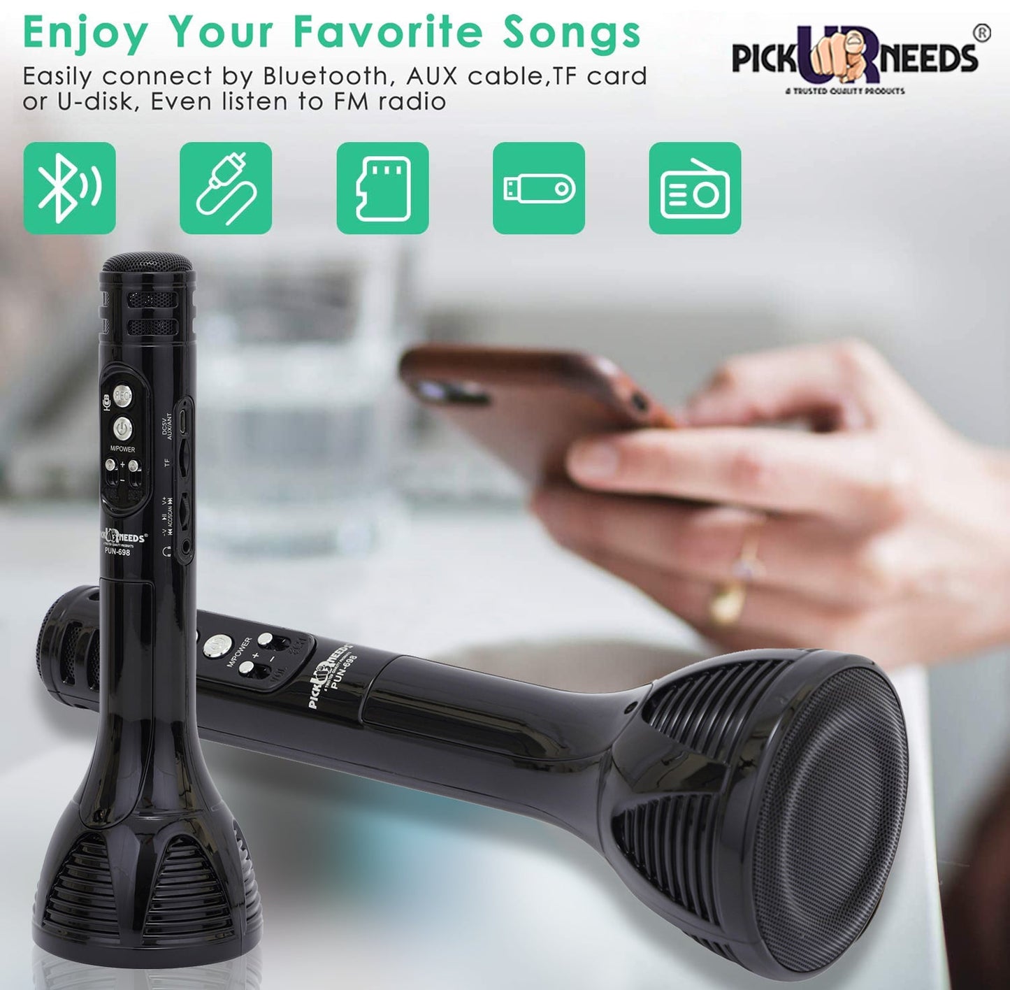 Pick Ur Needs Karaoke Mic with Led Light Wireless Bluetooth Microphone Connection Player Speaker 2-in1 with Recording + USB+FM