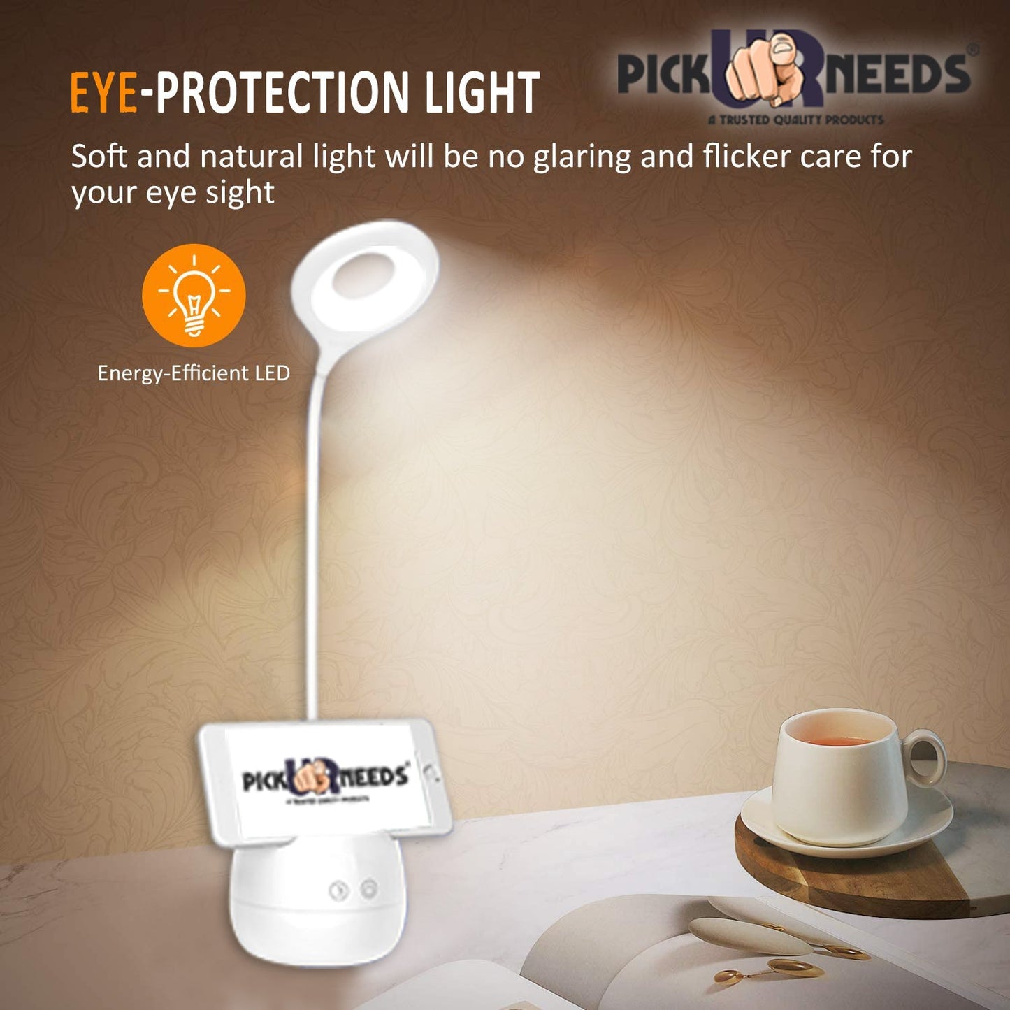 Pick Ur Needs Table Lamp with USB Charging Cable Touch Control Flexible Head with Pen Stand Desk