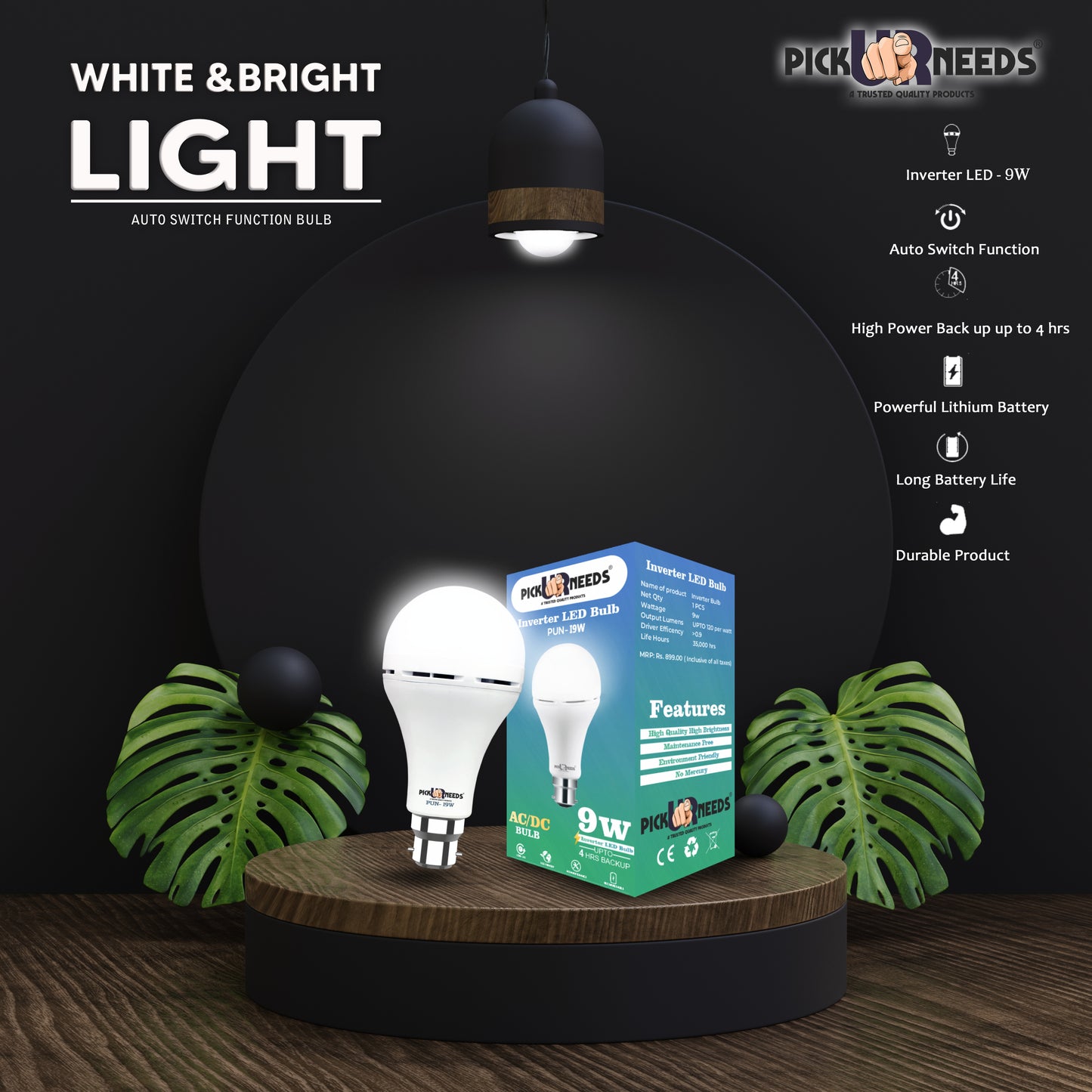 Pick Ur Needs Rechargeable 9W Inverter LED AC/DC Bulb For Home Emergency Light, Self-Charging 4 hrs Bulb Emergency Light (Pack of 4)