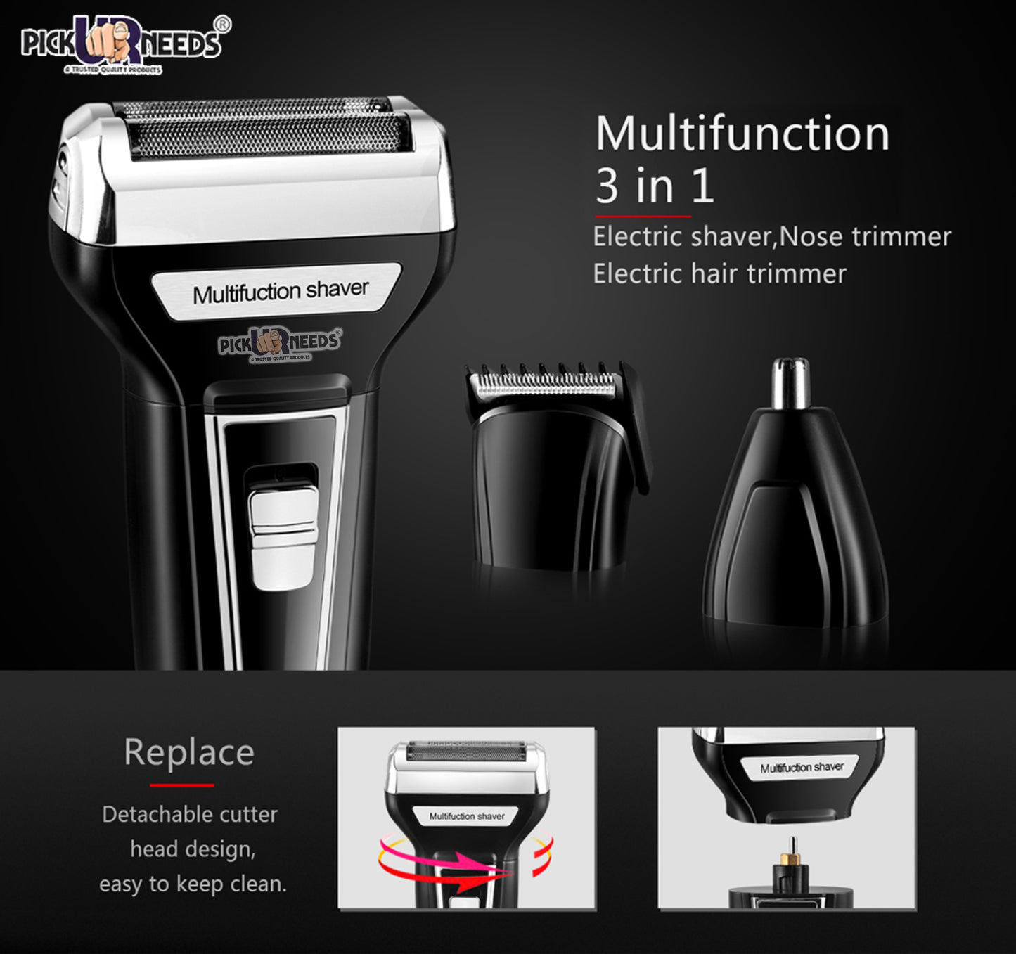 Pick Ur Needs Professional Shaver and 3 in 1 Beard, Nose and Ear Waterproof Trimmer for Men 3 In 1 (2000mAh) Grooming Kit 30 min Runtime 3 Length Settings